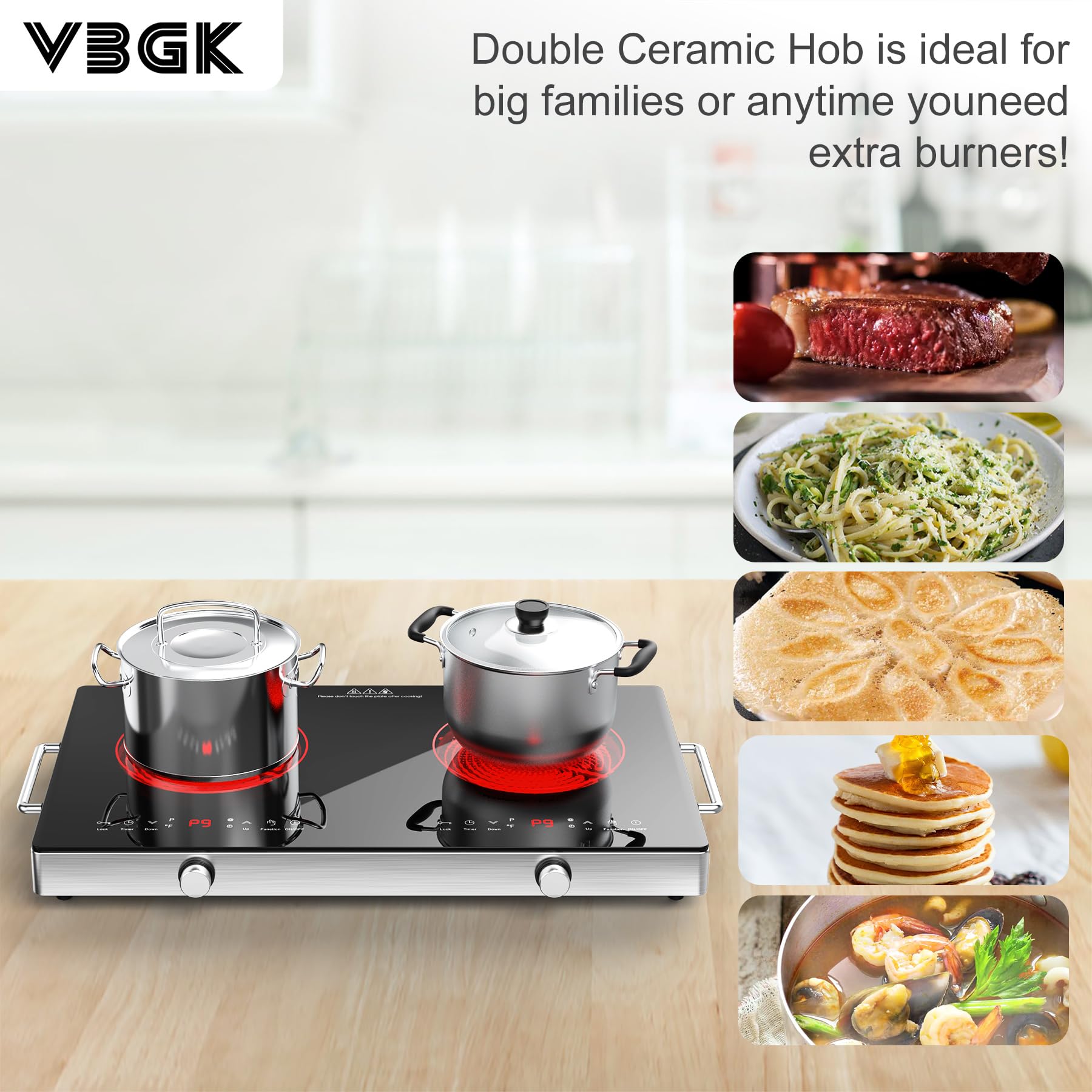 VBGK 2 Ring Electric Hob with Handle, 3520W Ceramic Hob 2 Zone, Double Electric Ceramic Hob Countertop, Safety Lock & 3H Timer, 220V-240V Plug in — view 3