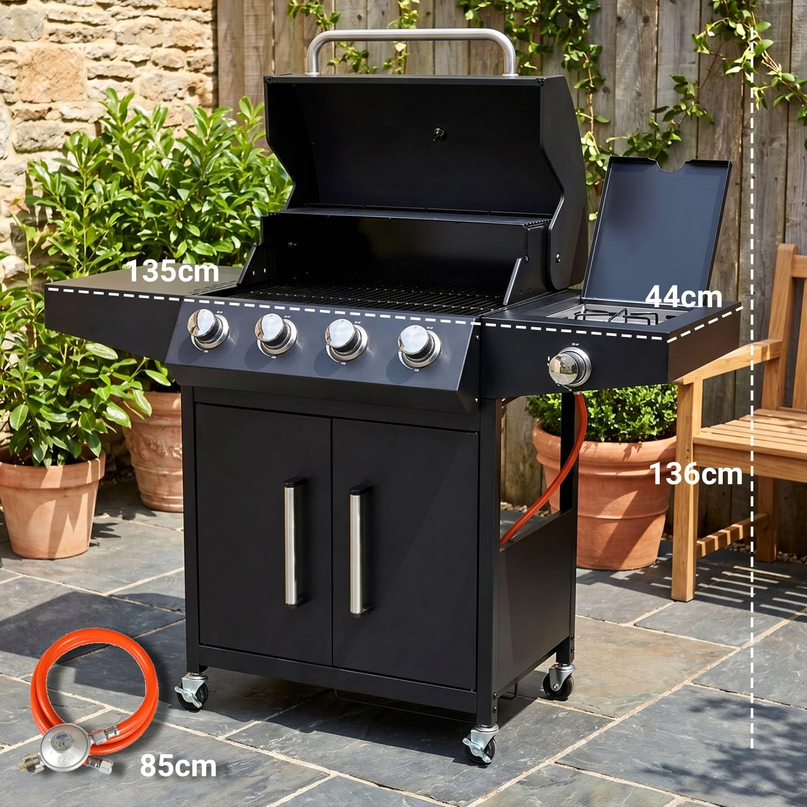 TLSUNNY Gasgrill 4+1 Brenner 15 kW, BBQ Grillwagen Gas mit Seitenkochfeld, Gasgriller Outdoor Edelstahl mit Thermometer, 4 PCS Rollen, 60x42 cm Grillrost & Warmhalterost, Grillküche für Balkon, Garden