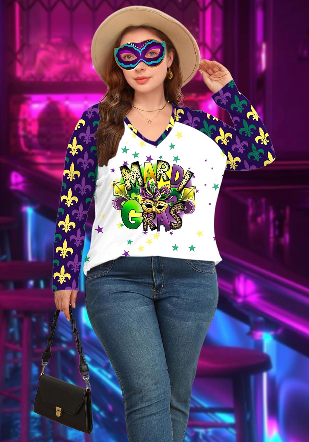 Plus Size Mardi Gras Shirt: Fat Tuesday Carnival Vneck Tshirt Carnival Outfit Long Sleeve Tops - Image 3
