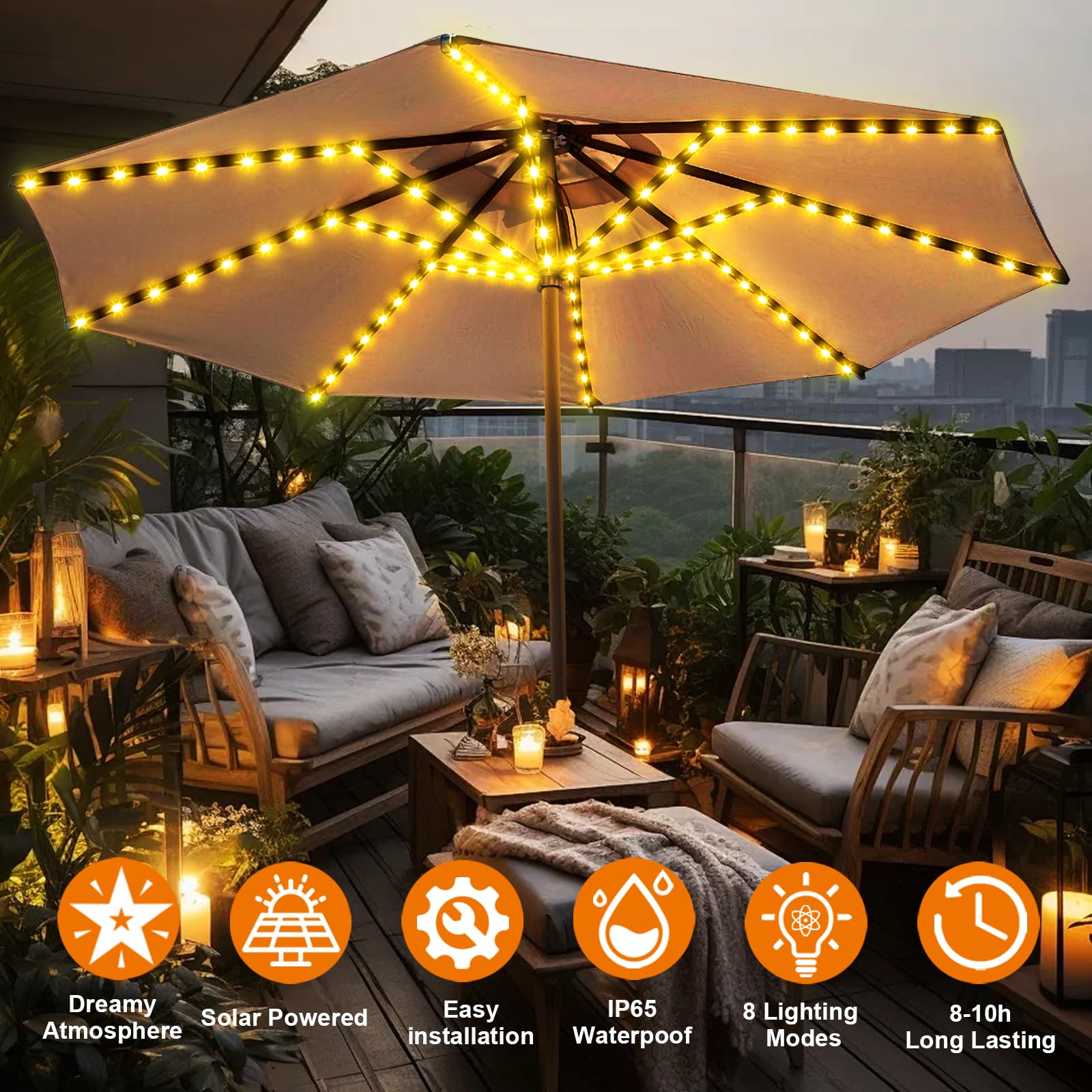 Lampes solaires pour parasol de terrasse avec 8 modes d'éclairage – Plus grand panneau solaire 5 V 152 LED – Étanche – Pour terrasse, plage, tente, camping, décoration de jardin, blanc chaud