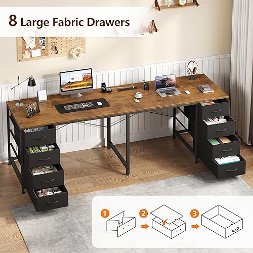 Miniatura 3 de TVU Escritorio para 2 personas con 8 cajones, escritorio grande para computadora de oficina en casa con tomas de corriente, escritorios dobles de 78