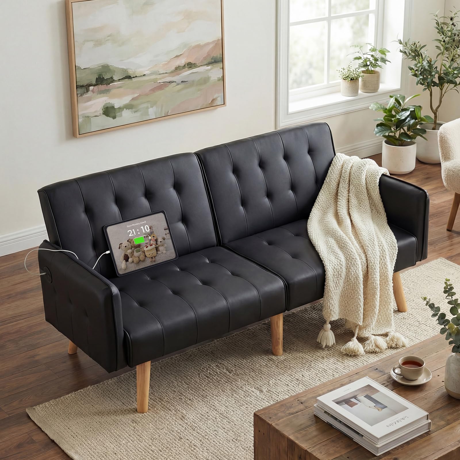 Faux Leather Convertible 65'' Folding Futon Sofa Bed w/ 2 USB, Loveseat for Small Space, Apartment, Dorm, Living Room, Office, Black