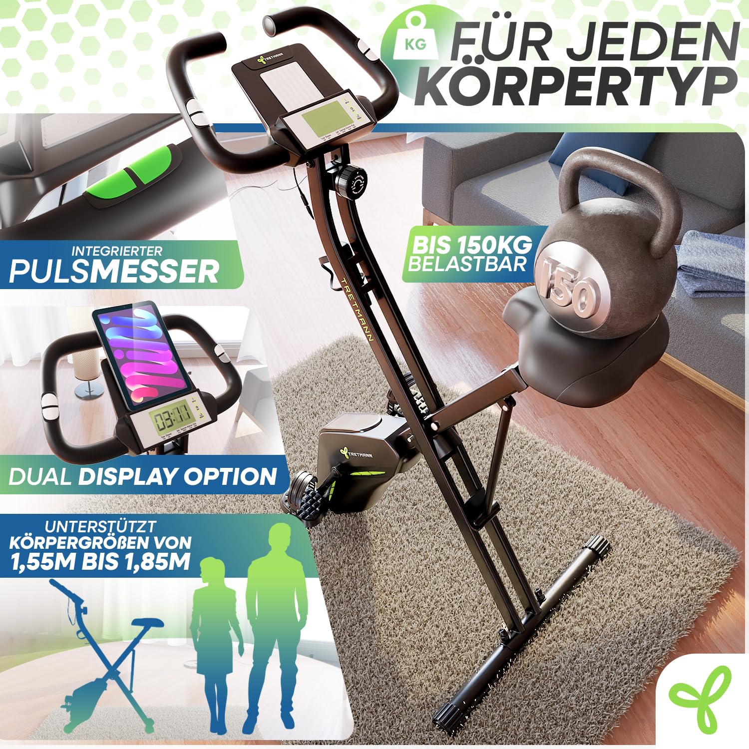 Neu Tretmann Hometrainer fahrrad Klappbar Set-extra bequem & leise- [RelaxFoam] bis 150KG Belastbar Ergometer, Heimtrainer fahrrad, Ergometer Heimtrainer Senioren, Fitnessbikes