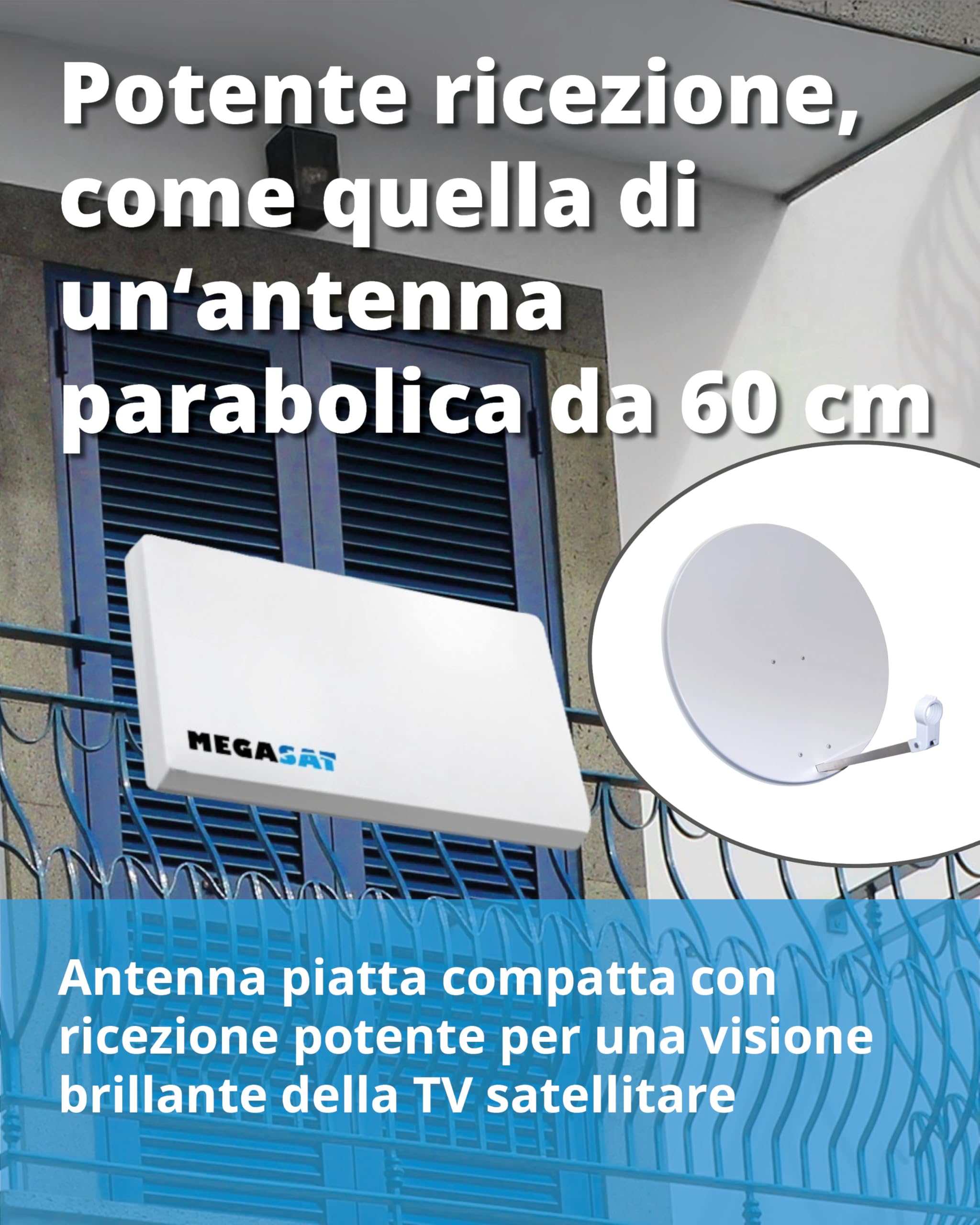 Megasat Antenna piatta D1 Profi-Line – Antenna satellitare piatta (1 utente, LNB intercambiabile, installazione a parete, supporto per palo/balcone o finestra) – Bianco