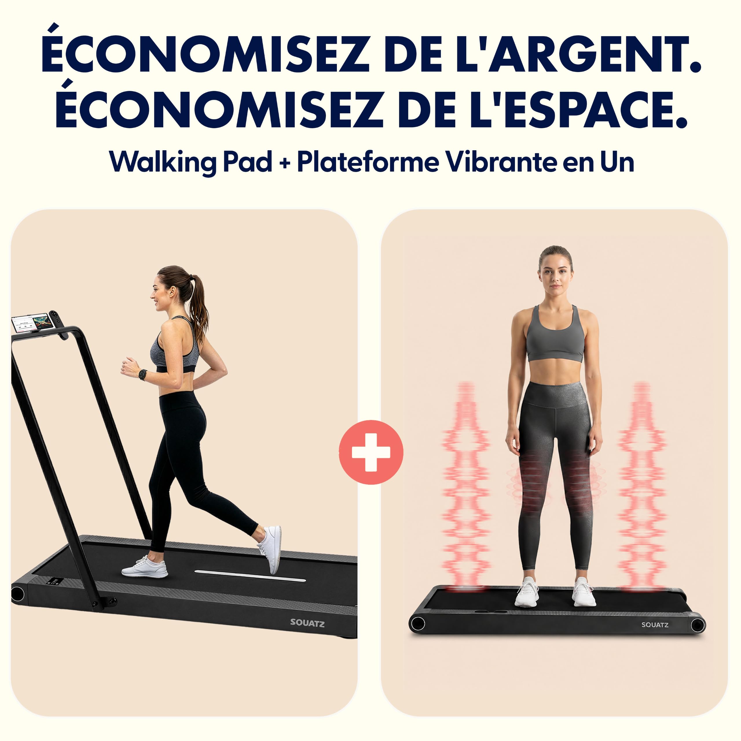 Squatz Tapis de Marche 2-en-1 avec Plateforme Vibrante – Walking Pad Compact sous Bureau, Moteur Silencieux ≤45 DB, Écran LED, Télécommande, Surface Antidérapante, 120 kg