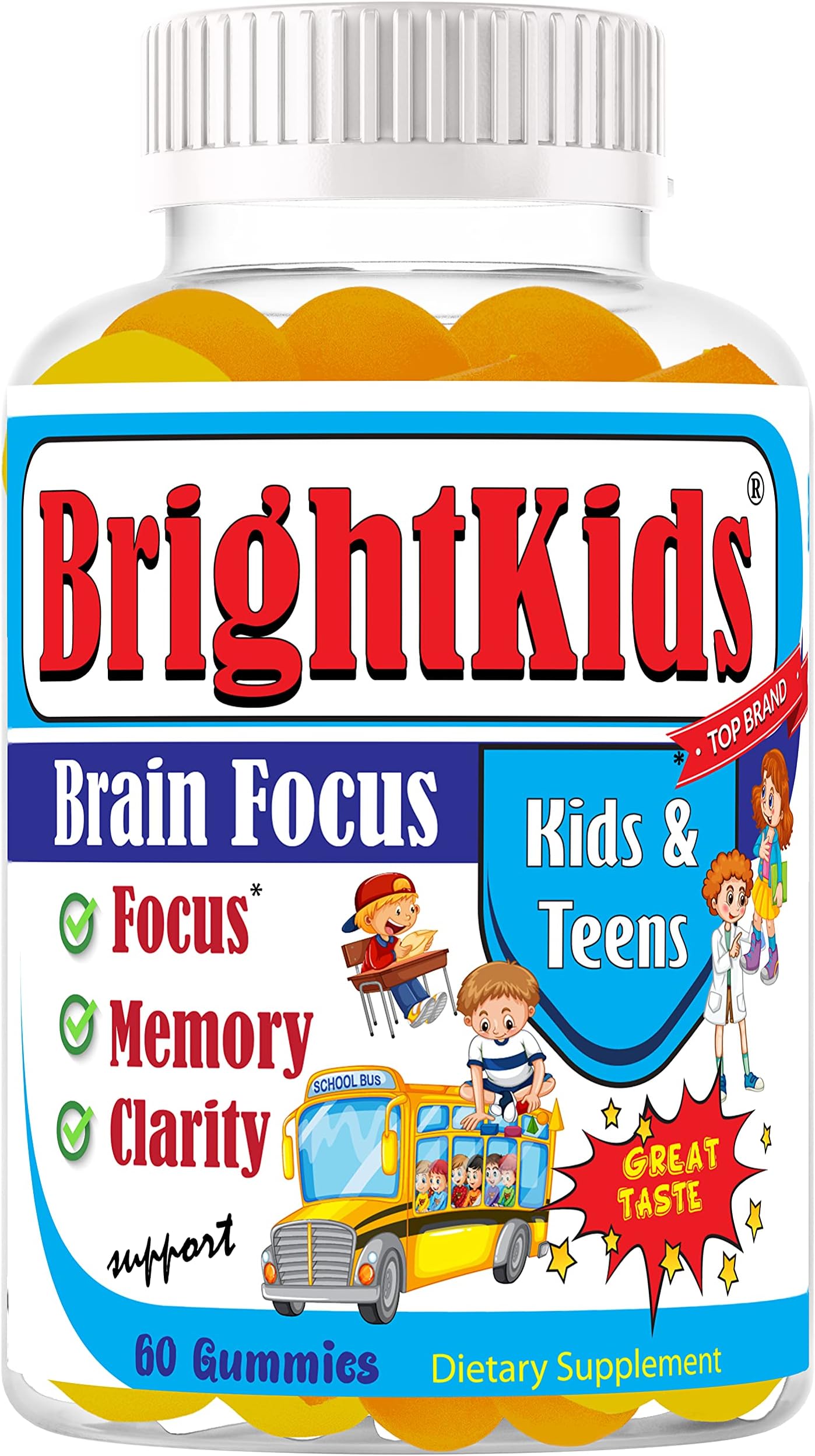 BrightKids Focus Gummies for Kids & Teens – Brain Gummies for Memory and Focus, Omega 3 DHA Brain Vitamins for Kids, Attention & Learning Support Childrens Vitamins, Drug-Free, Made in USA, 60 Count