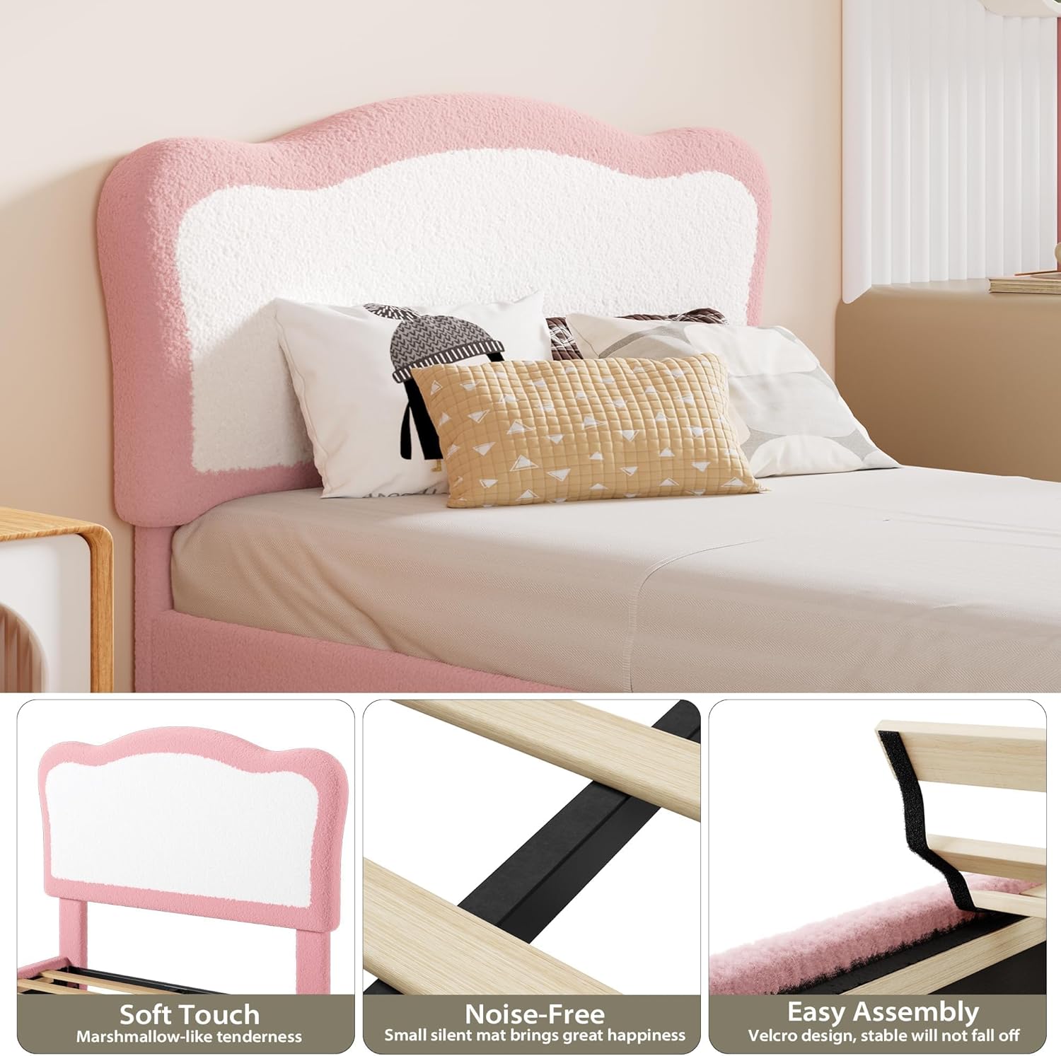 Twin Bed Frame with Round Boucle Headboard, Toddler Bed, Upholstered Arch-Shaped Design in Soft Pink, Modern Kids Wooden Bed Frame, No Box Spring Required & Easy Assembly，Pink Ivory