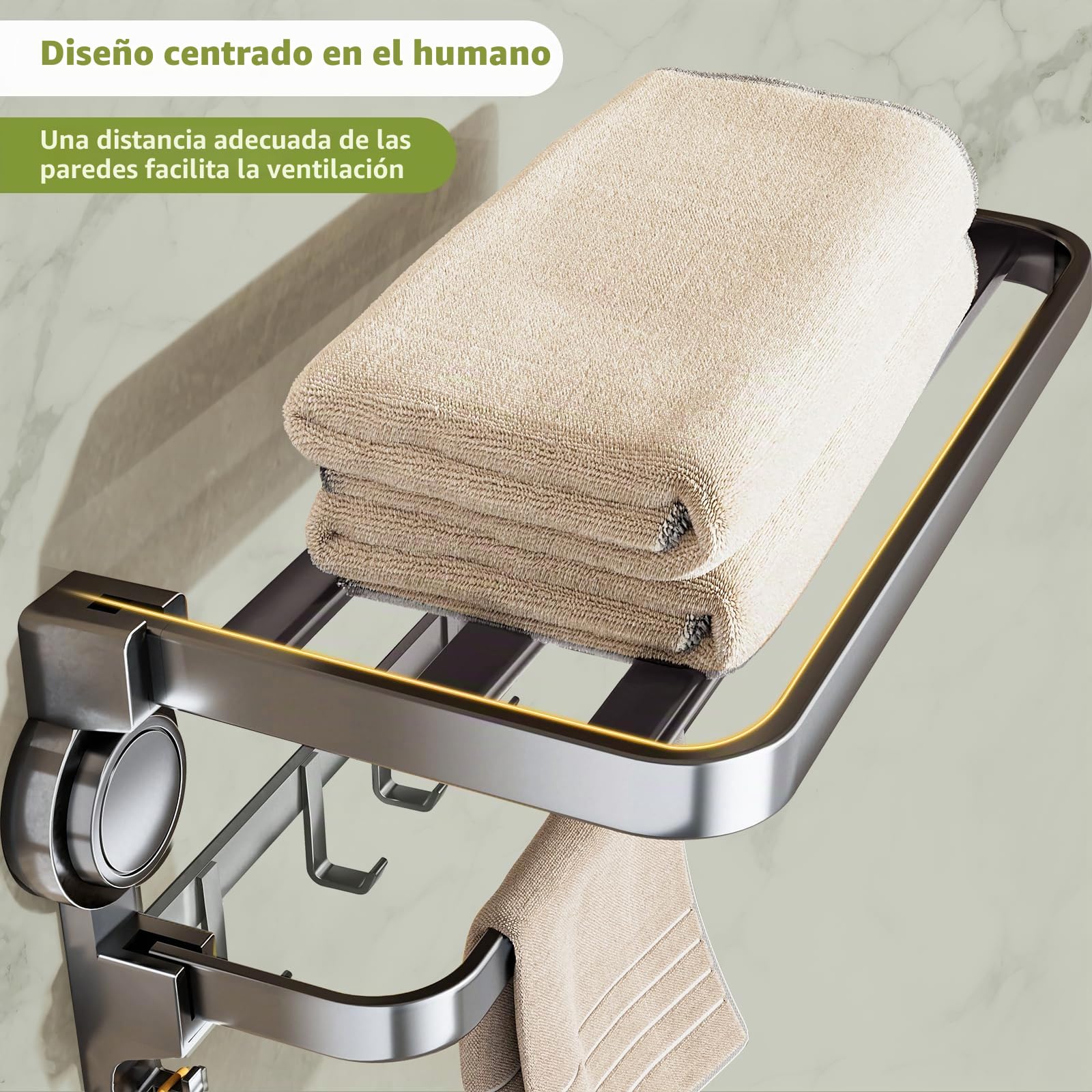 Toallero sin taladrar, toallero de baño,Portatoallas de baño sin taladrar, Portatoallas con Ventosa, Soporte para Toallas Plegable a 90°, Estante para Toallas de baño con 8 Ganchos, 50 cm