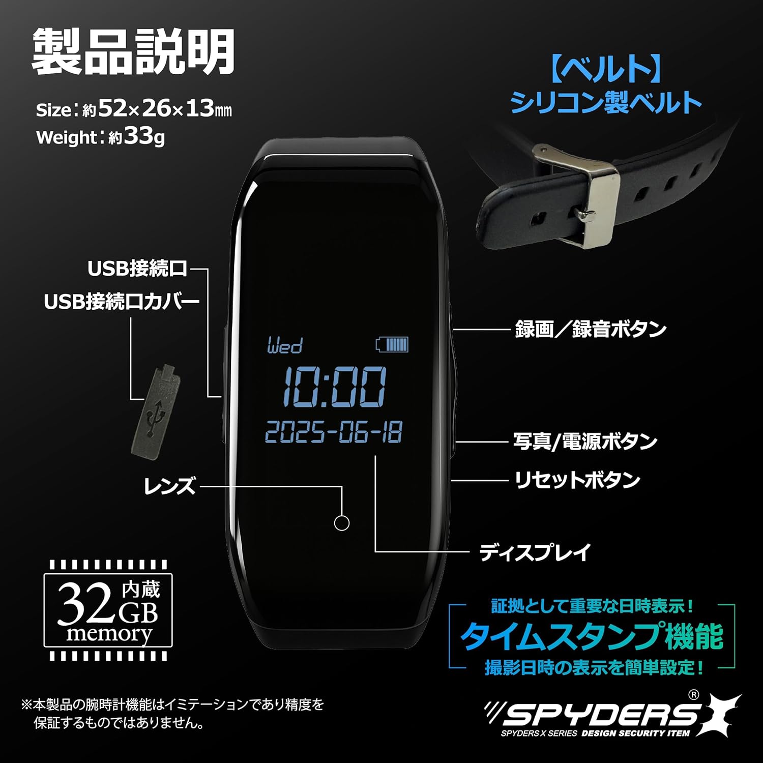 Diagram of SPYDERSX W-718 Smart Watch Camera components.