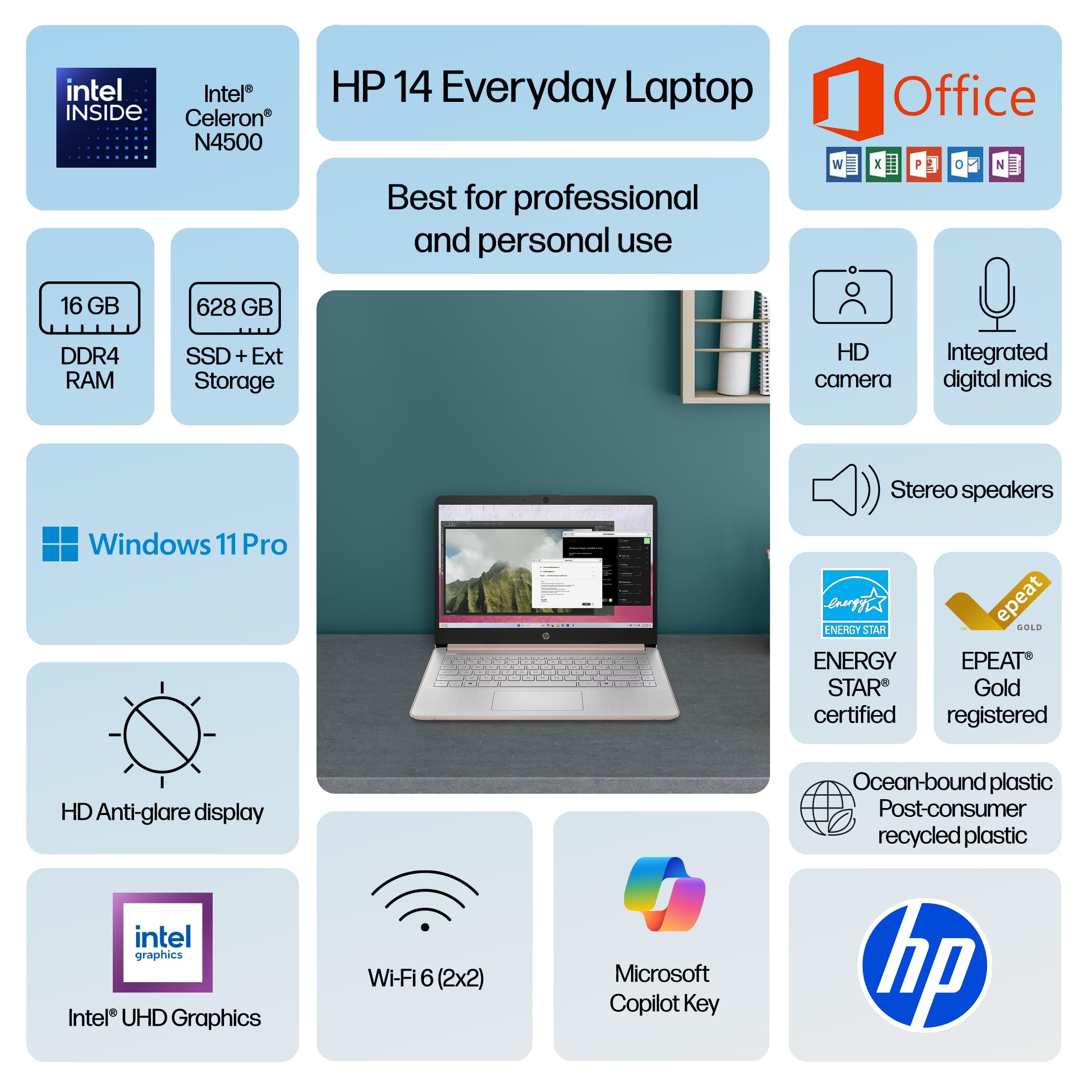 HP 14" Laptop Thin and Light for 2026 Student Business with Office Suite, Copilot AI, Intel CPU Up to 2.8GHz, 16GB RAM, 628GB Storage (128GB SSD+500GB Ext), WiFi 6, Win 11 Pro, MarxsolAddon, Rosegold — view 2