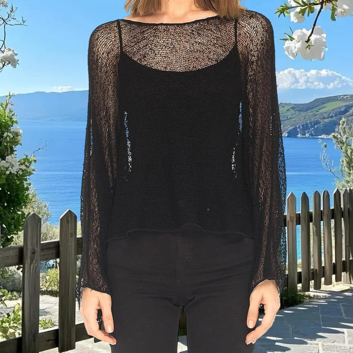 Women Y2K Sheer Knit Poncho Top Lightweight Summer Beach Knit Shrug Shawl Bolero Off Shoulder Mesh Sweater Cover Up - Image 5