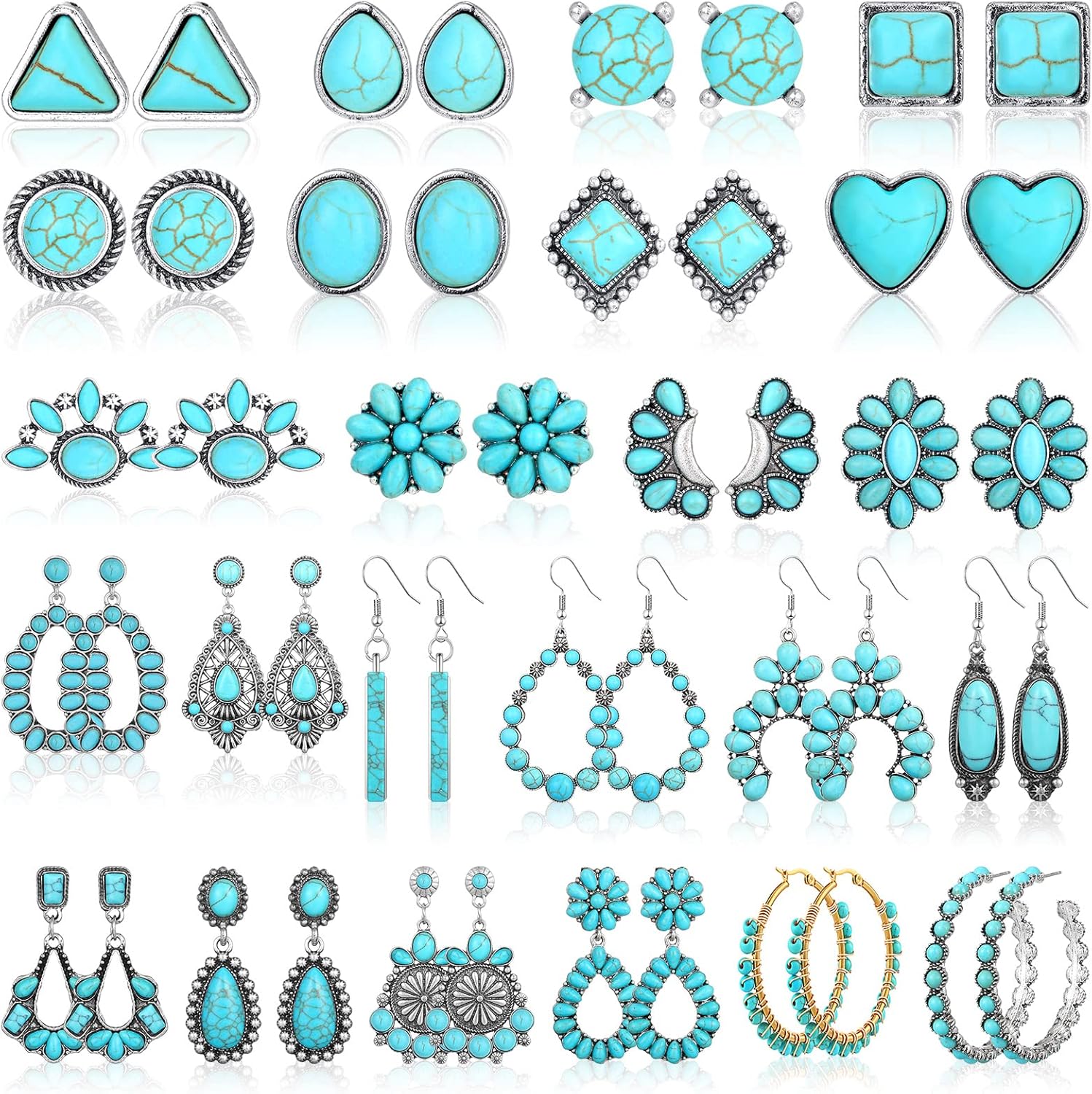 24 Pairs Turquoise Earring Set for Women Bohemian Teardrop Dangle Stud Turquoise Round Metal Earrings Boho Vintage Oval Jewelry for Women Fashion Accessories Gifts (Ear Stud Style)
