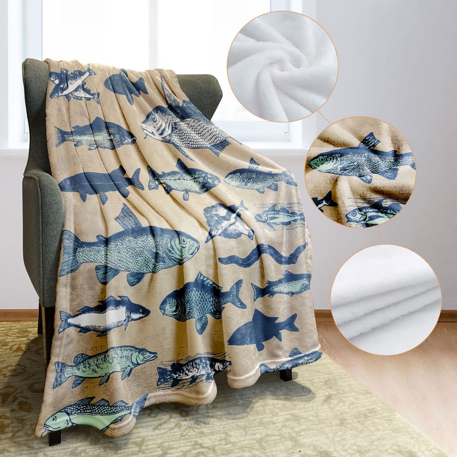 150x200 cm Flanell Weich Fleecedecke Kuscheldecken SanftBettüberwurf Decke Retro Fisch Kollektion