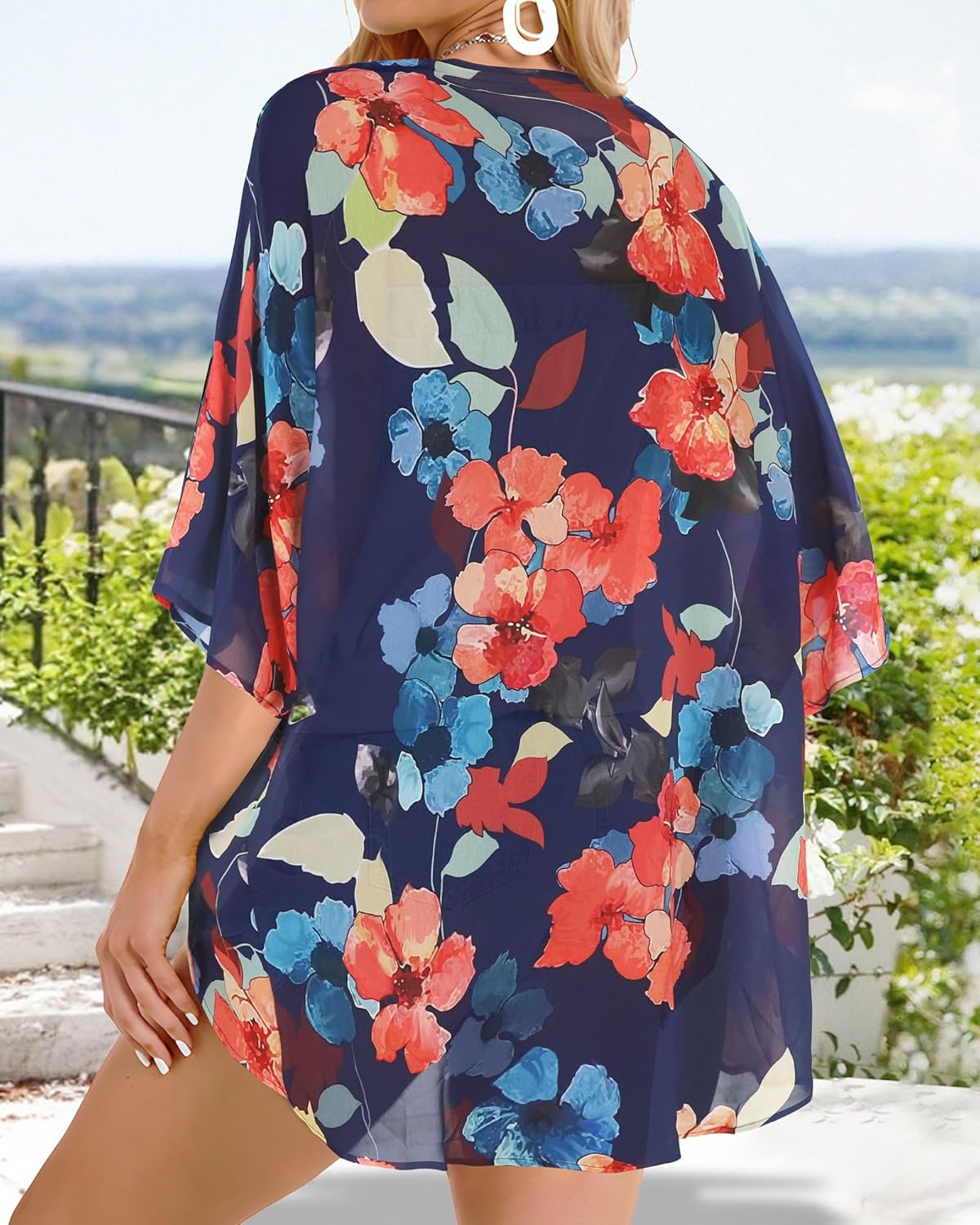 Women's Floral Print Puff Sleeve Kimono Cardigan Loose Cover Up Casual Blouse Tops - Image 5