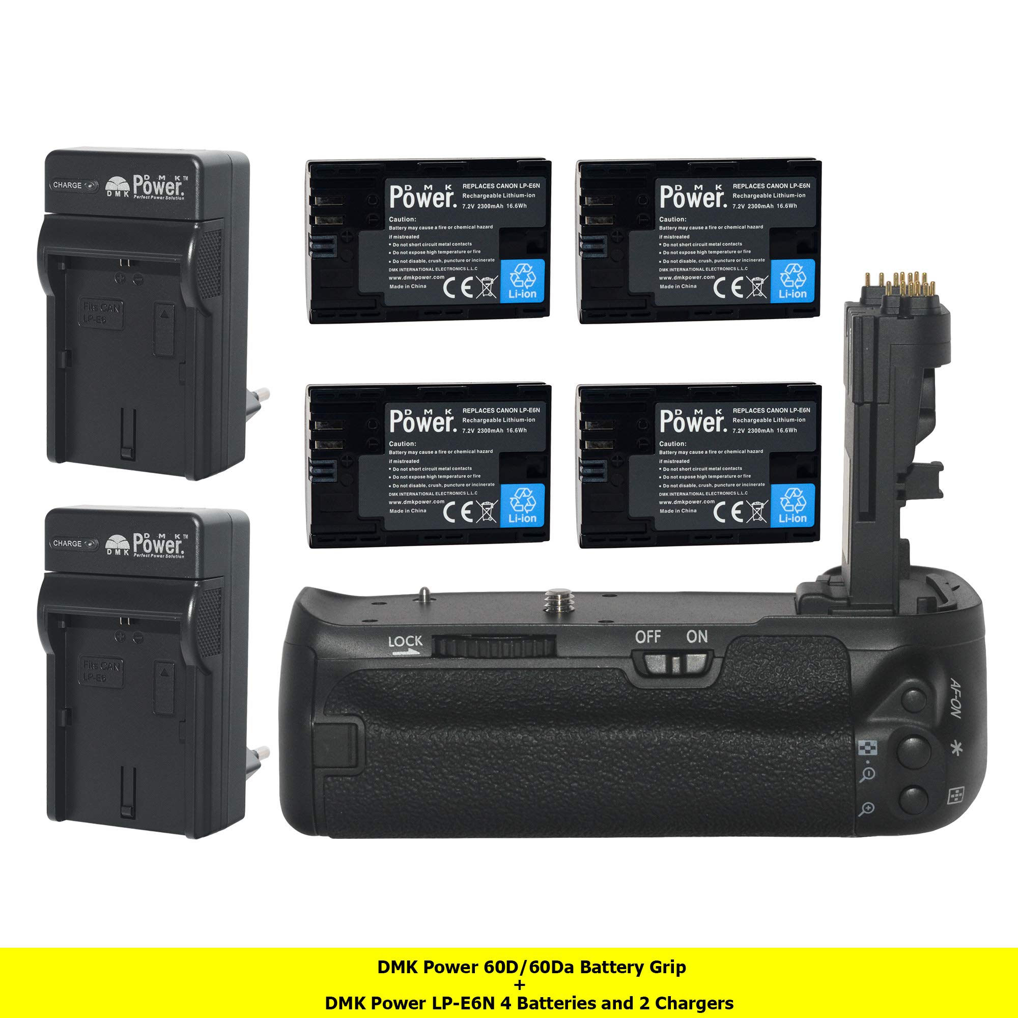 DMK POWERBG-E9 Replacement Vertical Battery Grip + 4 LP E6 Batteries + 2 DMK Travel Charger Compatible with Canon EOS 60D EOS 60DA Digital SLR Camera