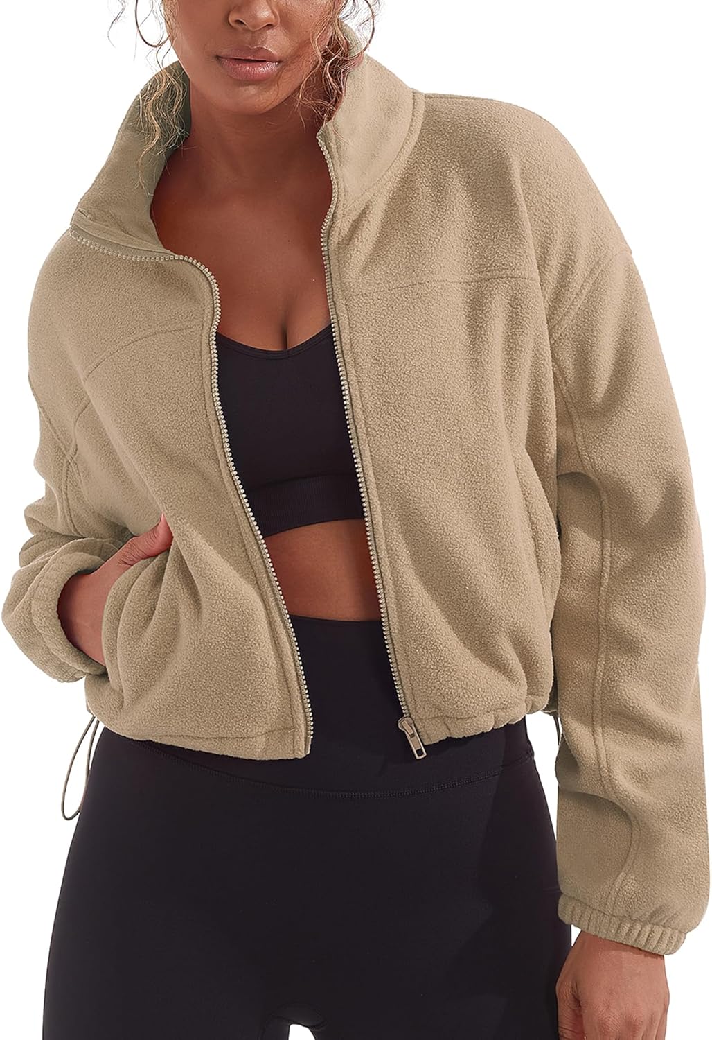Bloggerlove Women's Full Zip Polar Fleece Crop Jackets Warm Long Sleeve