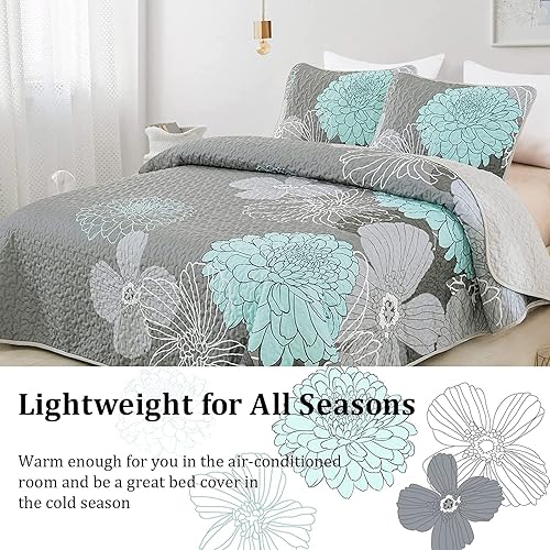 Miniatura 7 de Yiran Juego de edredón floral gris aguamarina tamaño King, juego de ropa de cama botánico de verano de 3 piezas, colcha ligera con estampado de