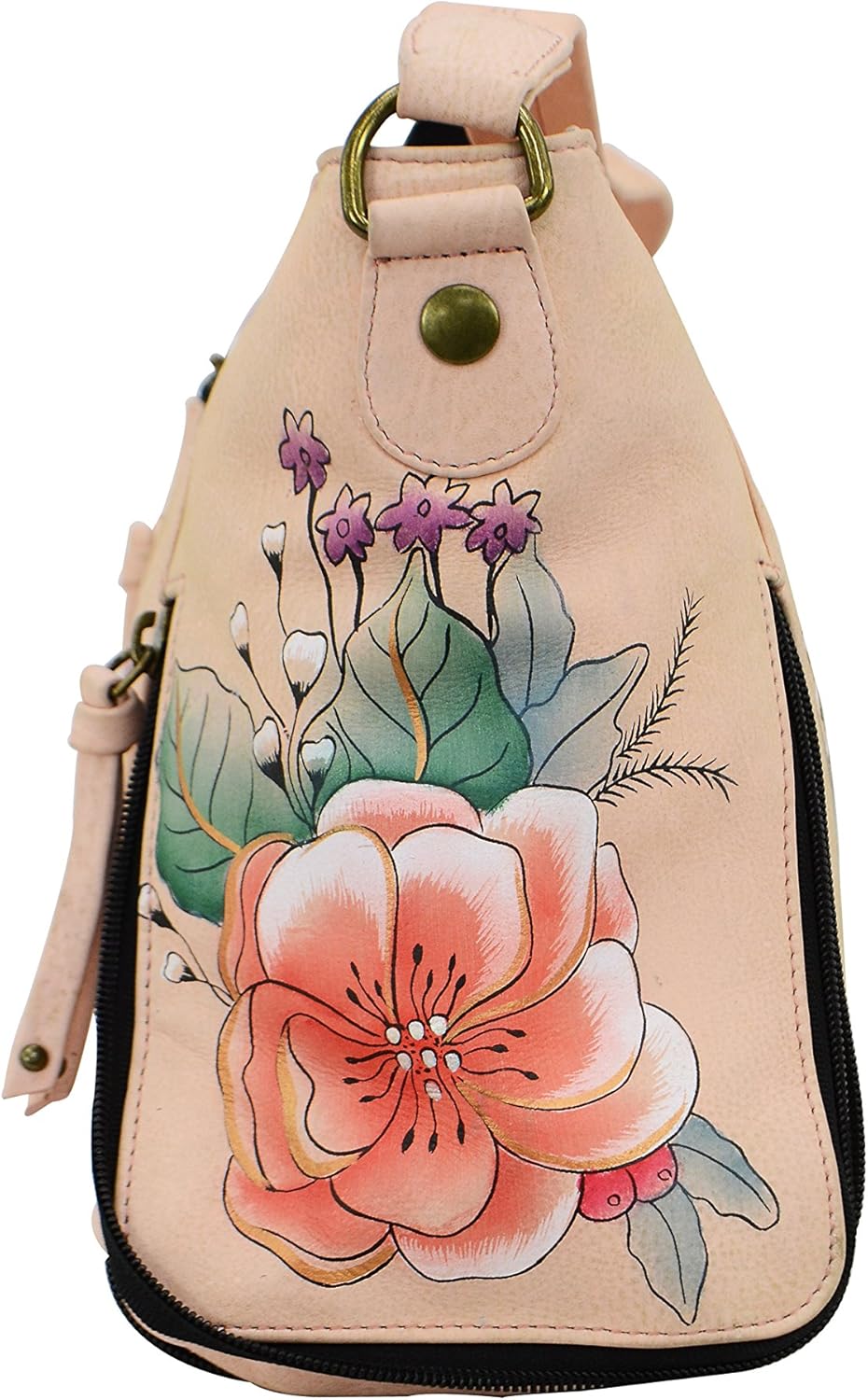 Anna by Anuschka Women's Genuine Leather Wide Cross Body Satchel - Hand Painted Original Artwork - Zip-Top Organizer