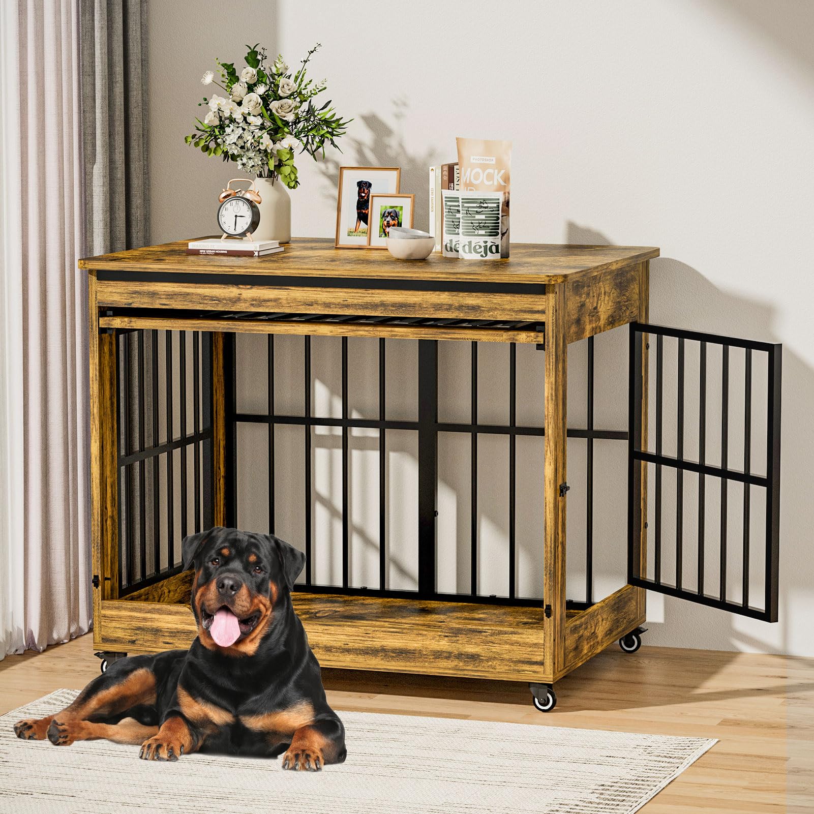 46" Large Dog Crate Furniture, Double Door Wooden Indoor Dog Kennel Furniture, Decorative Pet Cage End Table with Wheels for Extra Large Breed Dogs, Size 2XL, Rustic Brown