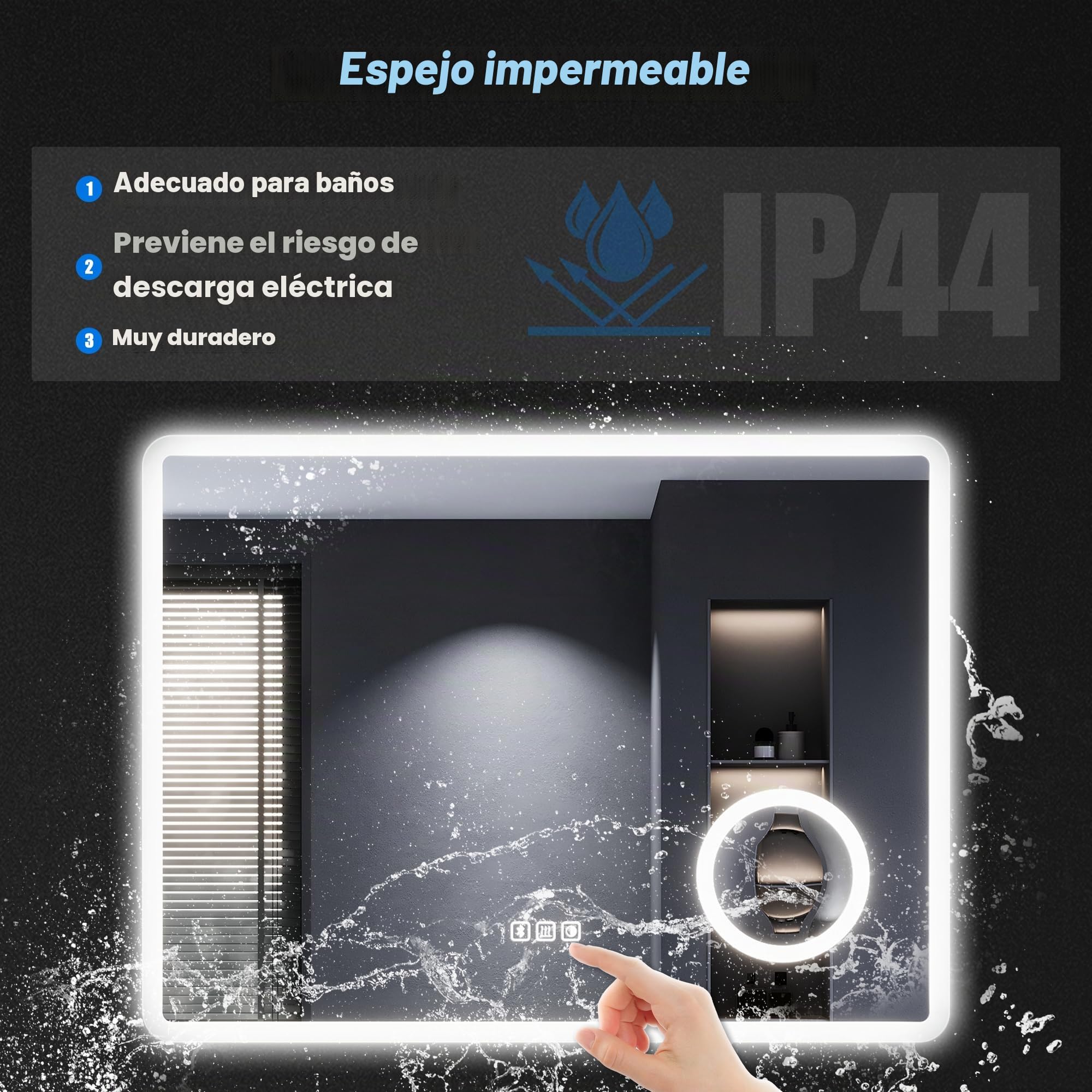 SONNI Espejo de baño LED con Bluetooth 100x60 cm, espejo de baño con iluminación y táctil, enchufe, 3 colores de luz, función antiempañamiento y de memoria, 3 aumentos