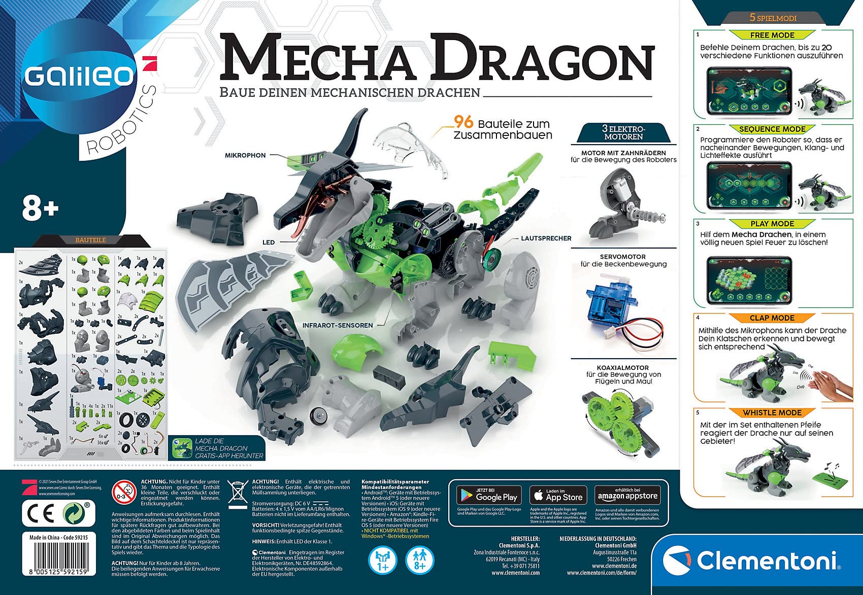 Clementoni Galileo Robotics Mecha Dragon, zestaw do budowy robota smoka, 3 silniki, czujniki i sterowanie za pomocą aplikacji, idealna jako prezent, elektroniczna zabawka dla dzieci od 8 lat od