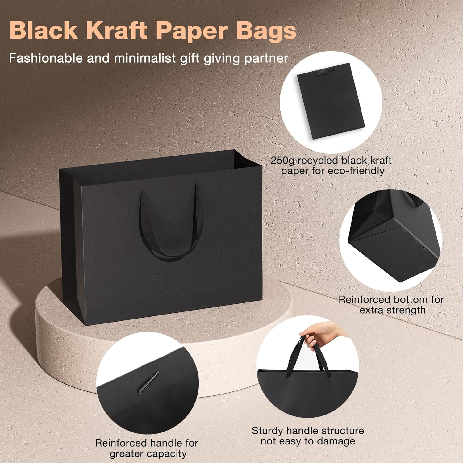 Acina Large Black Gift Bags: 12.5x4.5x11 Inch 6pcs Paper Bags With Handles Bulk For Party Shopping Birthday Wedding (L-6) - Image 7