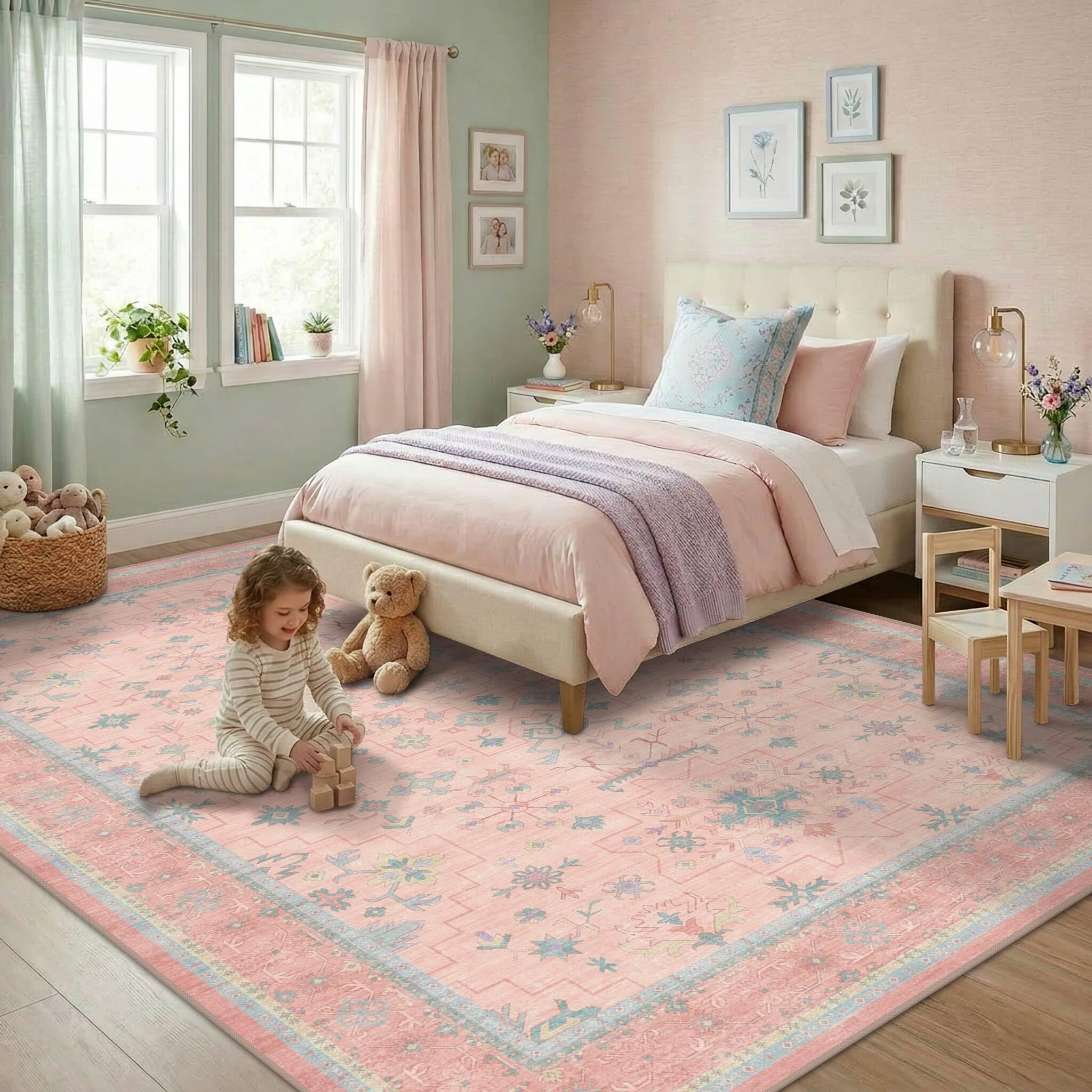 Amazon.com: Washable Pink and Blue 6x9 Oushak Rugs for Bedroom