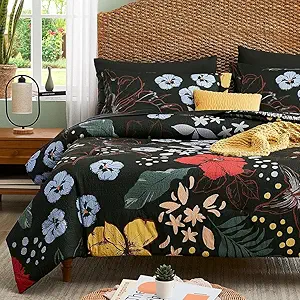CASAAGUSTO Full Comforter Set, 7 PCS Black Floral Comforter Set with Flowers Leaves Pattern, Soft Seersucker Design All Season Full Size Bedding Set (80"X90")