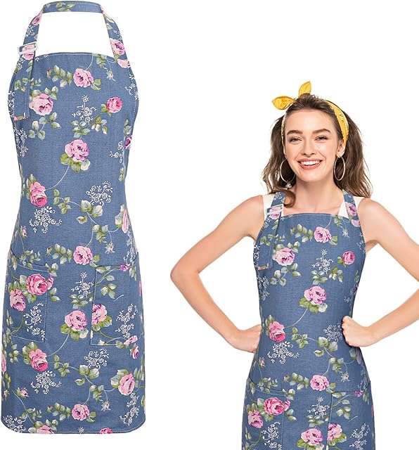 AKlamater Floral Aprons for Women, Adjustable Kitchen Apron Vintage Flower Aprons Cooking Apron with Pockets Chef Aprons for Cooking Baking Gardening