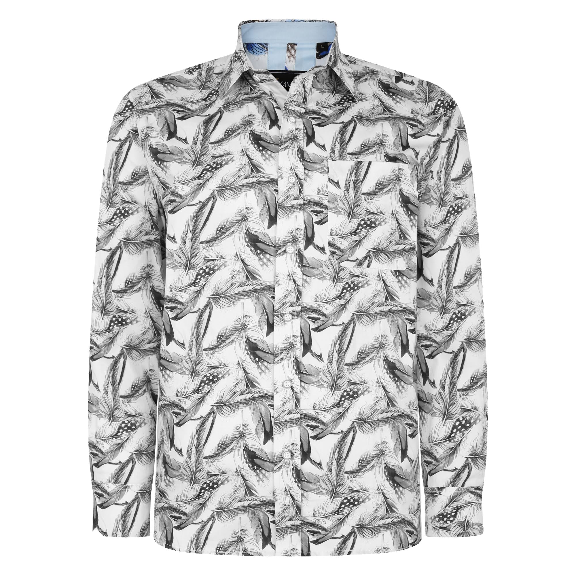 Kam Men's White_6050 Feather Print Shirt Long Sleeve Button Up Collared White Plus Size 2XL-8Xl 6050Ls (Uk, Alpha, 8XL, Plus, Regular)