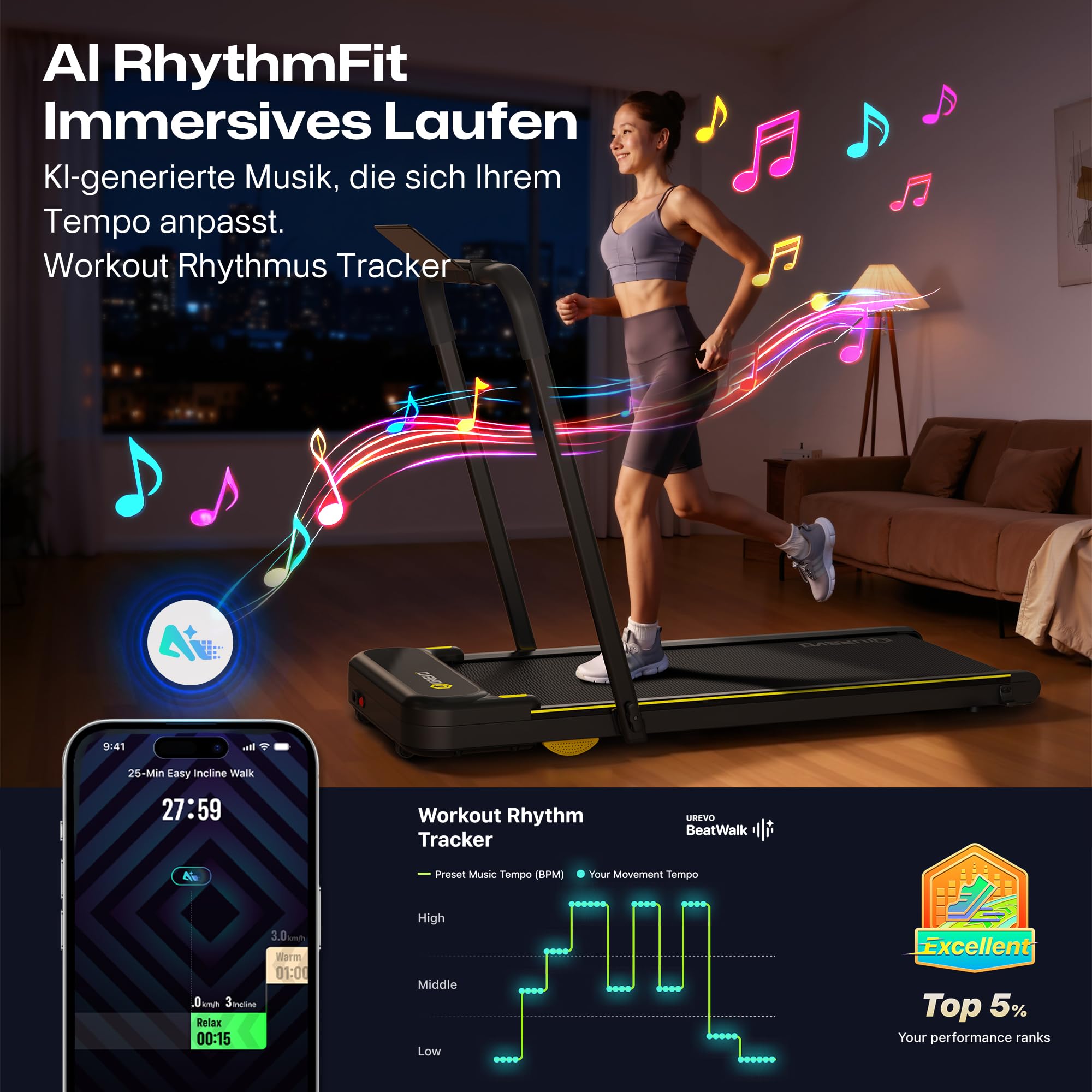 UREVO 2 in 1 Laufband für zuhause mit APP, Walking pad mit doppelter Stoßdämpfung, ‎1-10 km/h Laufband Klappbar mit Fernbedienung und LED-Anzeige für Zuhause/Büro