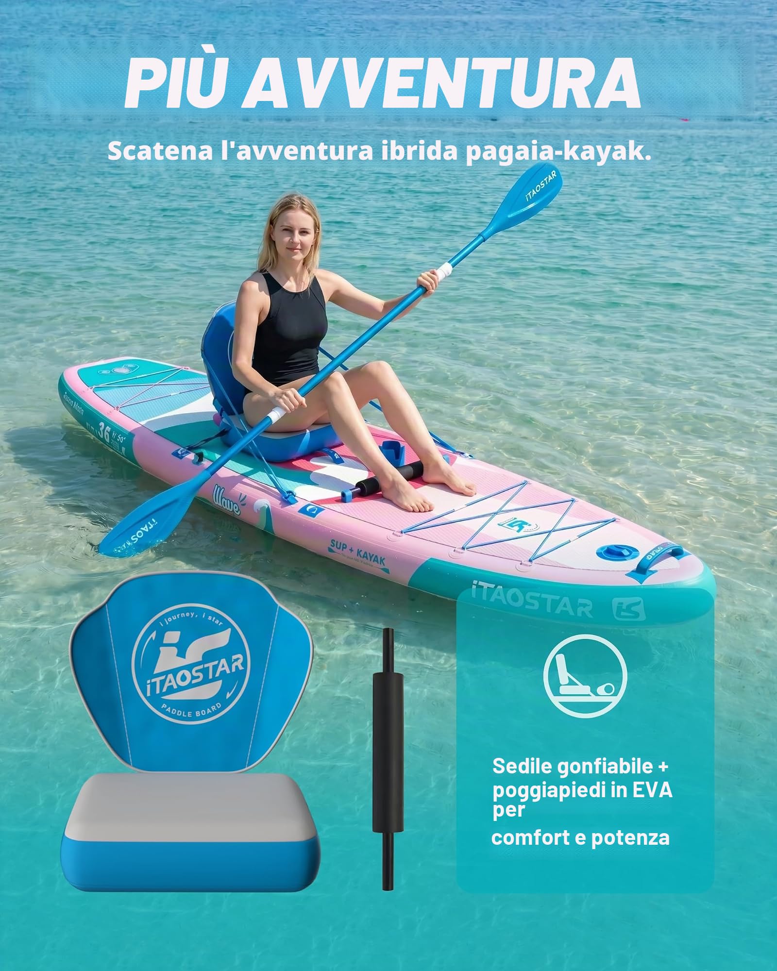 iTAOSTAR Billow - Tavola da paddle extra larga con sedile, accessori per tavola SUP di alta qualità, con 5 pinne, tavola gonfiabile stabile per ragazzi e adulti di tutti