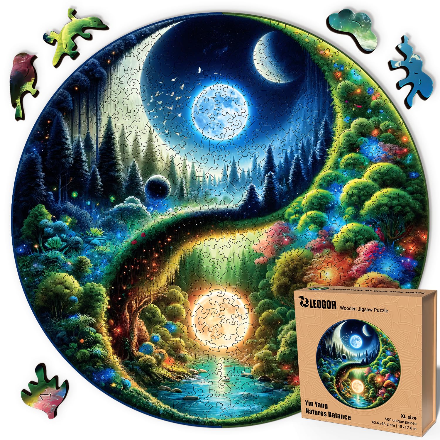 LEOGOR Wooden Puzzles for Adults 500 Pieces (18 x 17.8 in), Extra-Thick 5mm Round XL Wood Jigsaw, Yin Yang Puzzle, Unique Whimsical Pieces,