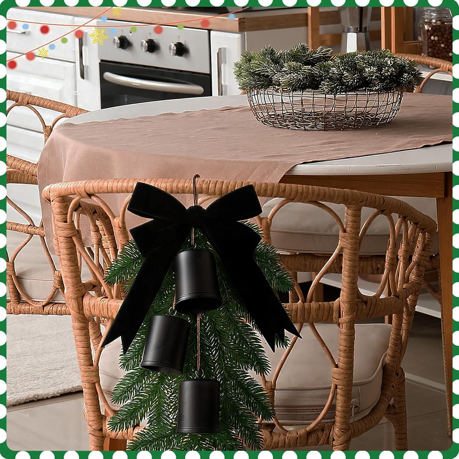 Suncalla 28" Vintage Christmas Teardrop Swag Artificial with Bow Retro Cow Bells Pine Needles Teardrop Door Swag for Xmas Holiday Front Door Table Mantle Fireplace Indoor Outdoor Home Decor(Black)