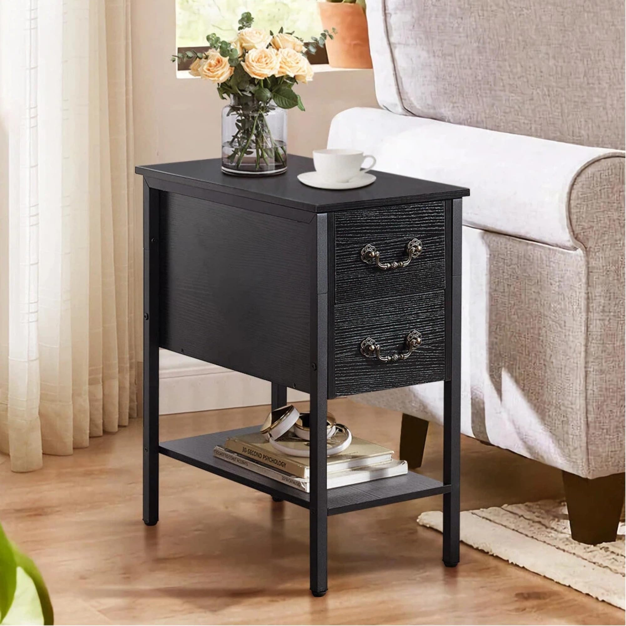 VECELO End Tables,Narrow Nightstand with Drawers and Storage Shelf,Modern Night Stand for Small Spaces, Living Room,Bedroom，Black