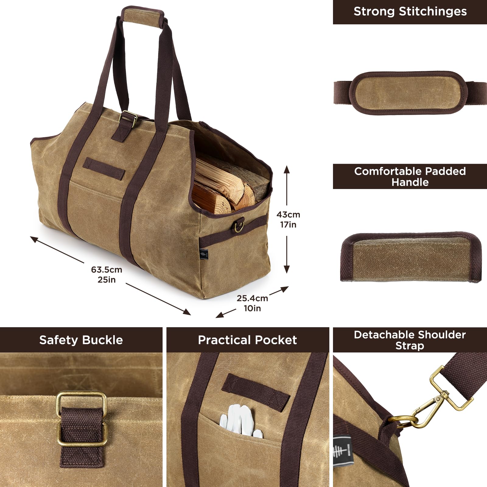 BONTHEE Borsa per il trasporto della legna da ardere in tela cerata, impermeabile, extra large, borsa porta legna indipendente per legna da ardere