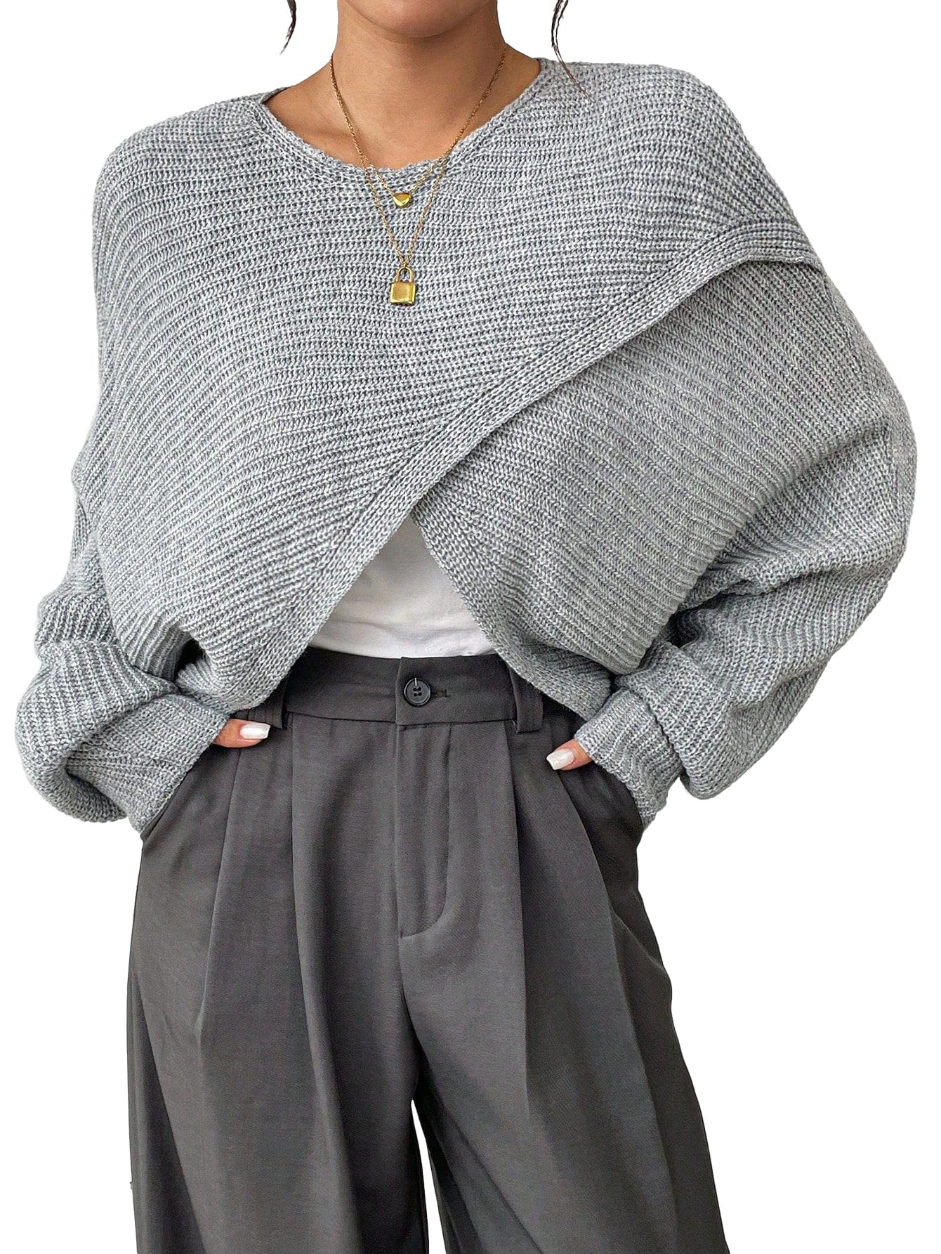 SKAYS Womens 2025 Wrap Sweater Asymmetrical Crossover Boat Neck Oversized Poncho Batwing Long Sleeve Knit Fall Sweater