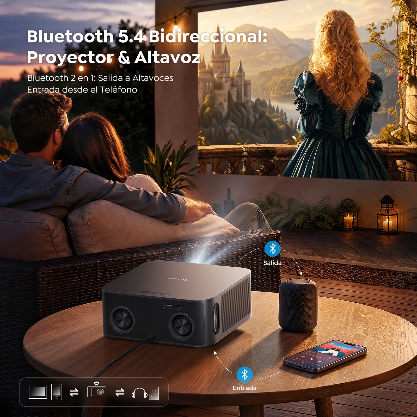 Proyector 4K【Alto Brillo 2000ANSI/VIDAA SO más rápido/40W Dolby Audio】Proyector Netflix Incluido TV en Directo, FHD1080P, HDR10, Auto Focus/Keystone, Control por Voz, BT5.4, para Exterior/Cine en Casa