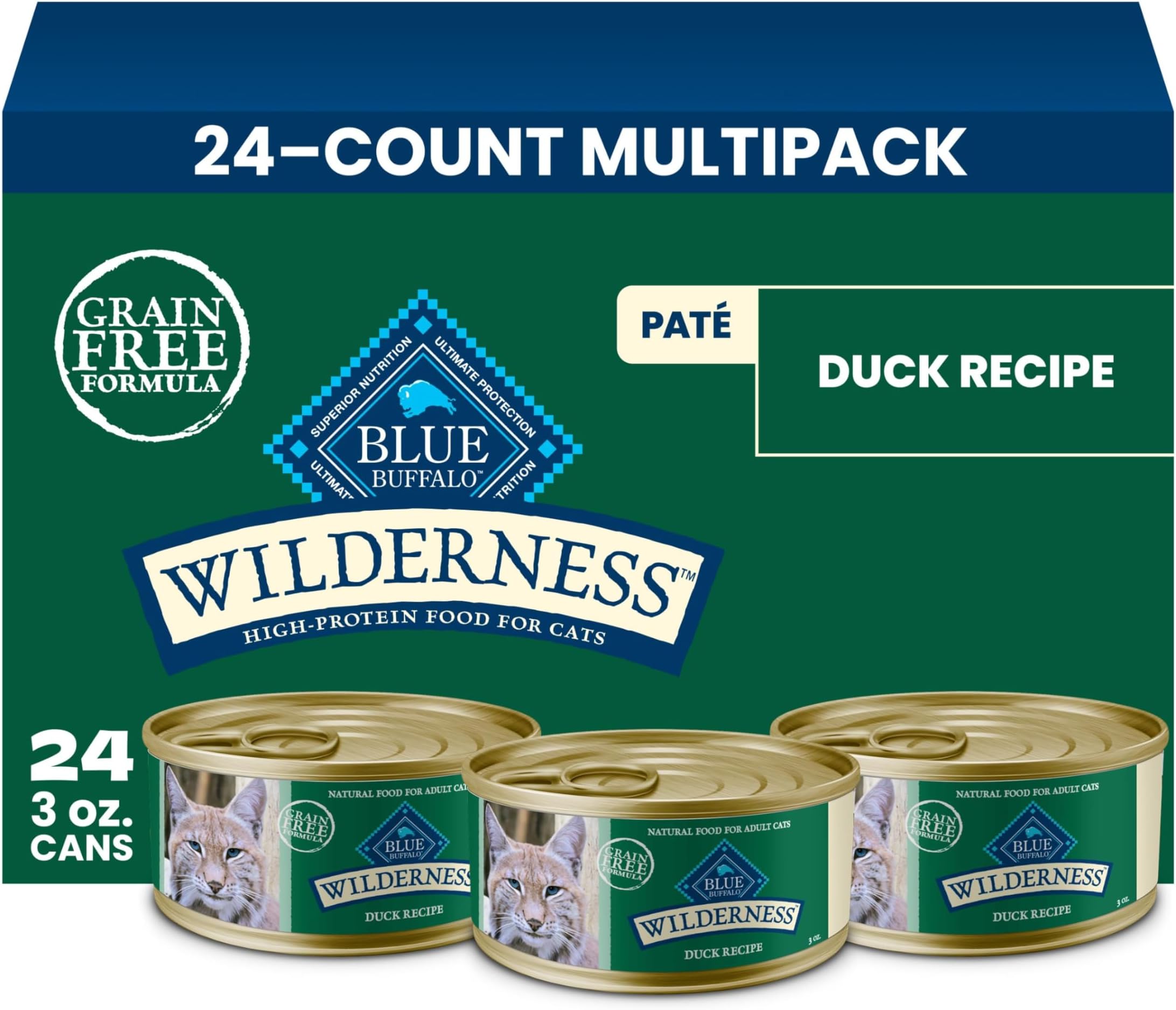 Blue Buffalo Wilderness Duck Patรฉ Adult Wet Cat Food, High-Protein & Grain-Free Recipe Enhanced with Vitamins, Minerals, and Other Nutrients, 3-oz. Cans (24 Count)