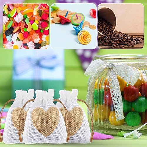 Miniatura 8 de Teaaha 10 bolsas pequeñas de arpillera, bolsas de regalo de corazón, 3.9 x 3 pulgadas, pequeñas bolsas de arpillera con cordón, bolsas de arpillera
