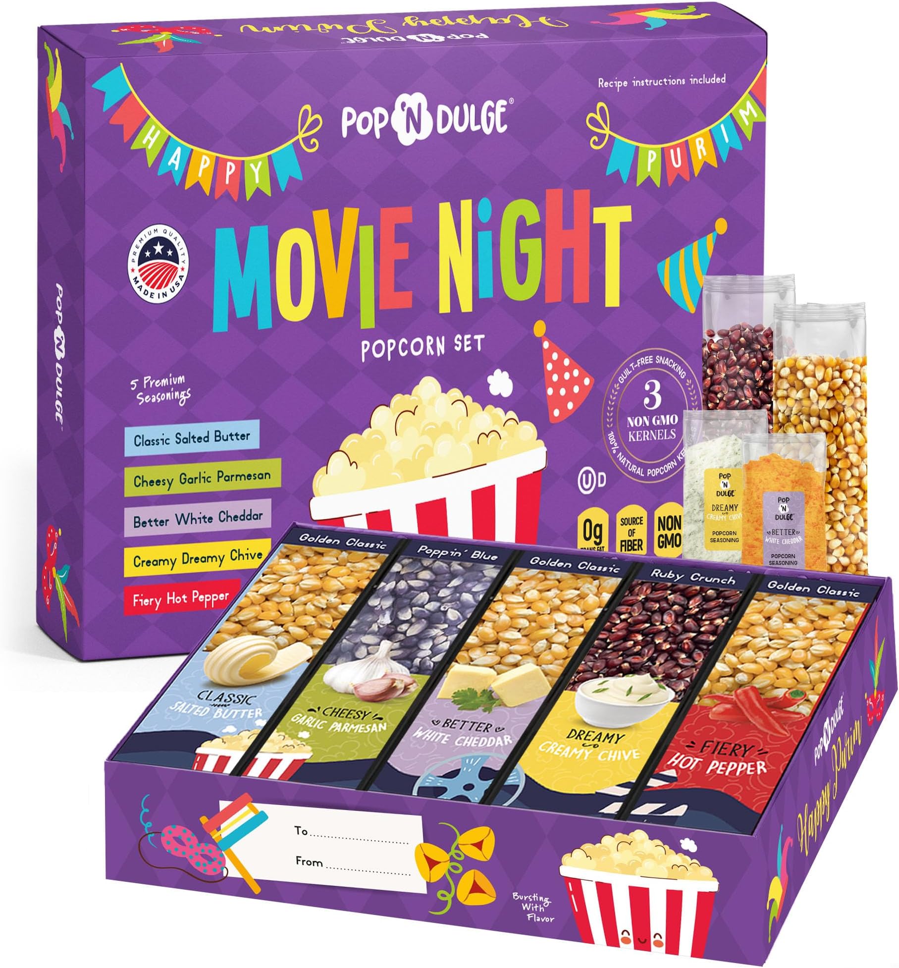 Purim Movie Night Popcorn Gift Set, Kosher Purim Gifts, Mishloach Manot Gift