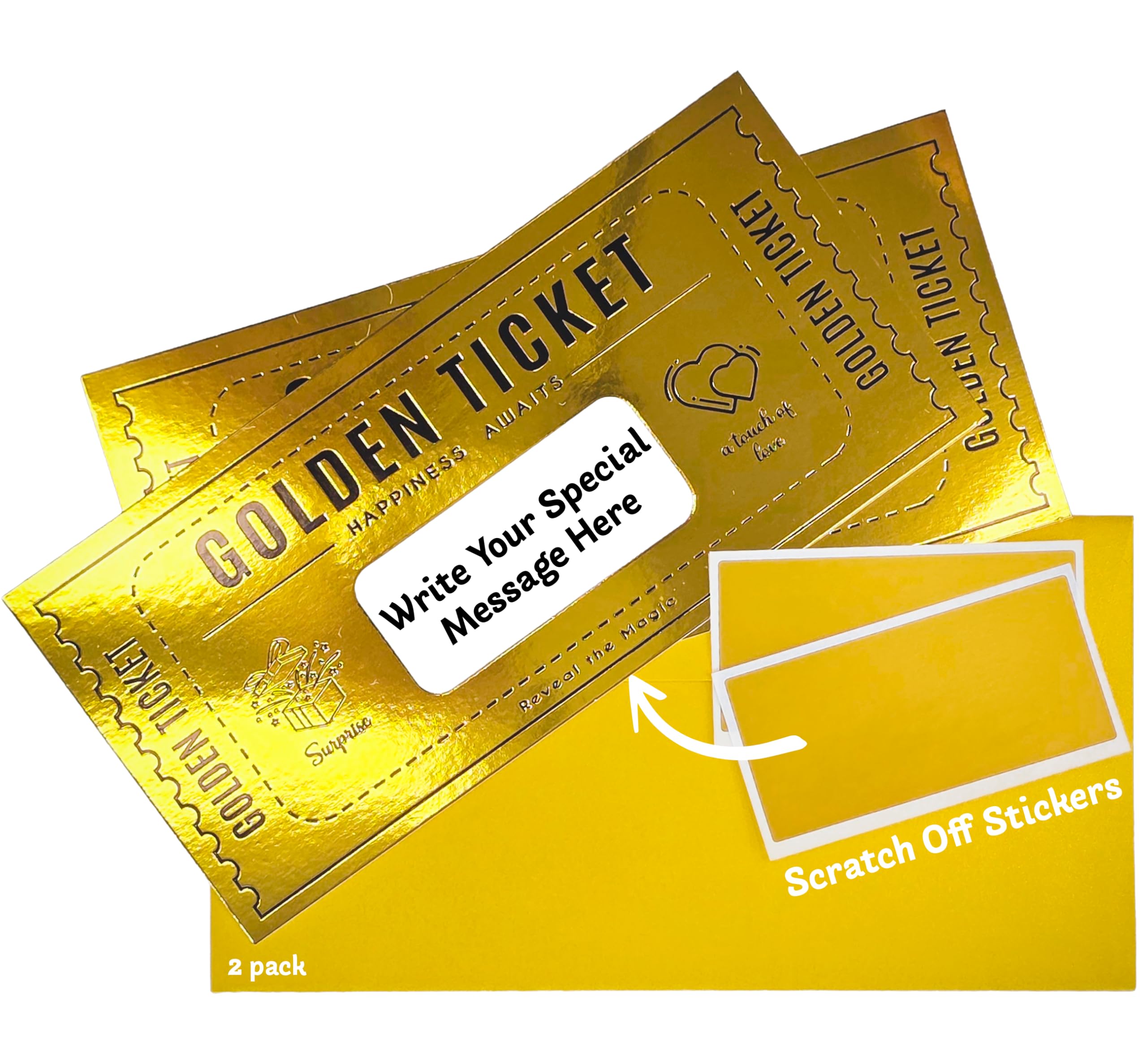 Deluxe Golden Ticket Surprise Scratch Off Card | Christmas Surprise Reveal Card | Ideal for Secret Santa Presents | Gifts for Men or Gifts for Women | Stocking Filler Ideas | Gold Gift Wrap | 2 Pack