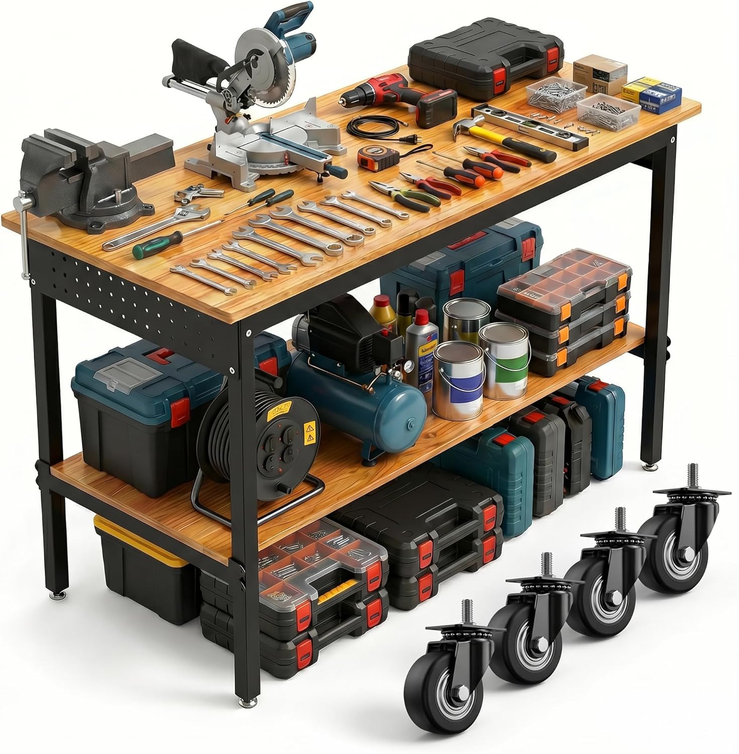 Double Layer 60 inch Adjustable Workbench with Storage for Garage, Heavy Duty Work Bench Table with Pegboard & Power Outlet 2500 LBS Load Capacity for Hardwood Welding Table