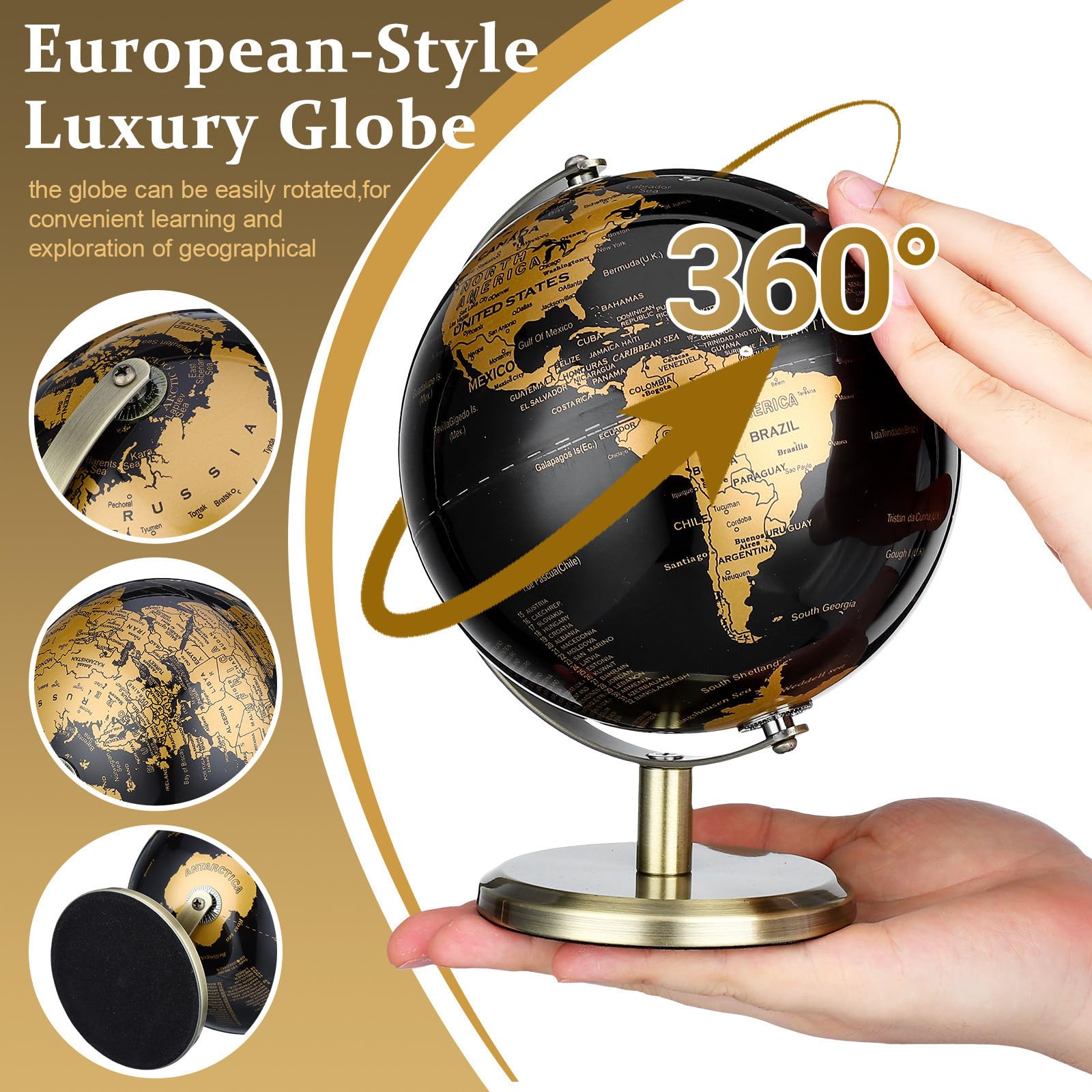 Happyyami Adorno de Globo Terráqueo de Escritorio Multifuncional en Metal Dorado, Bola de Globo 14 Cm Estilo Europeo para Embellecimiento de Mesa y Oficina