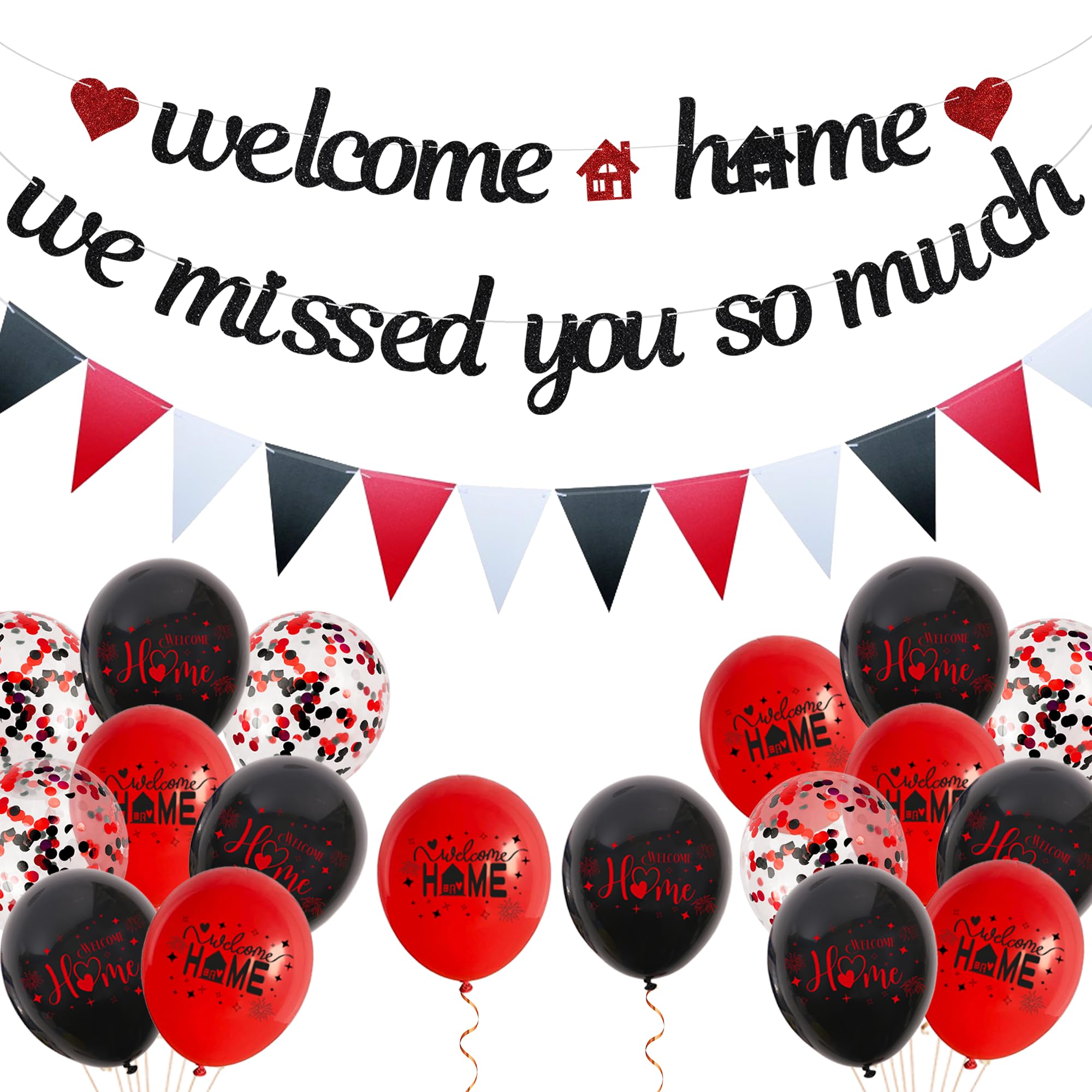 Welcome Home Decorations Banner Kit, We Missed You So Much Garland Bunting Balloon Black Red