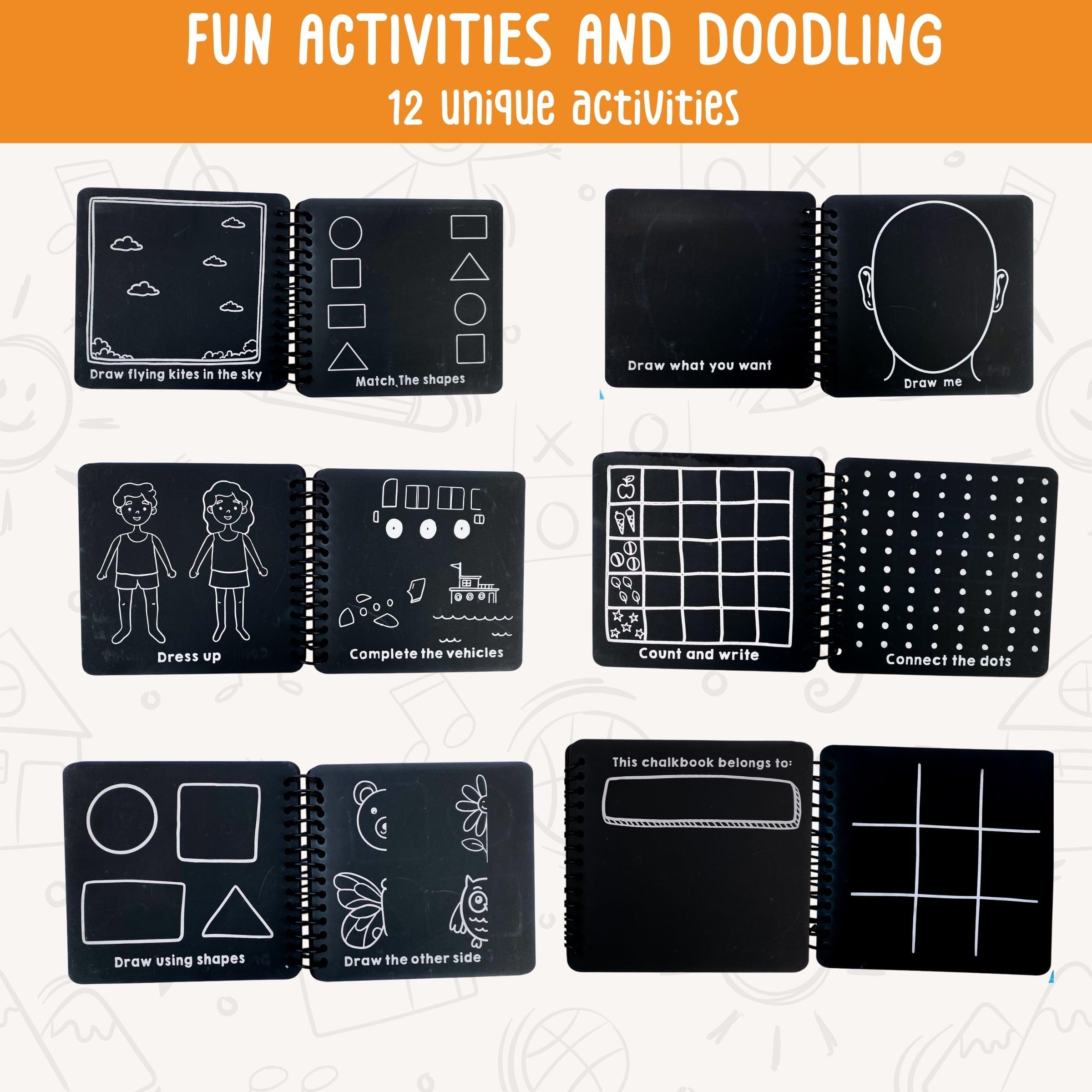 Berrybee Children's Activity Chalkboard Book Portable Free Activities for Kids Erasable Reusable Book 12 Pages 12 Activities One Chalk with Chalkholder 6 x 6 inches Toddler 1