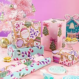 WRAPAHOLIC Christmas Wrapping Paper Roll - Mini Roll - 3 Rolls - 17 Inch x 120 Inch Per Roll - Pink & Blue Gingerbread Wrapping Paper Holiday Collection for Xmas Holiday, Party Celebration