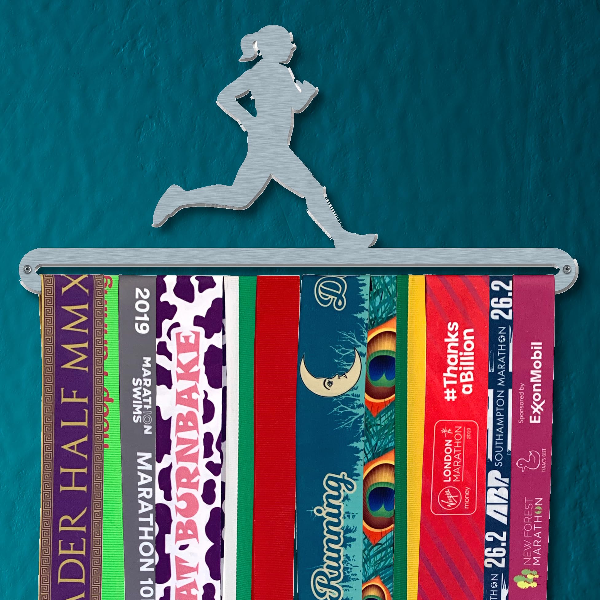'Female Runner' Medal Hanger Display Holder Brushed Stainless Steel - Made in Britain