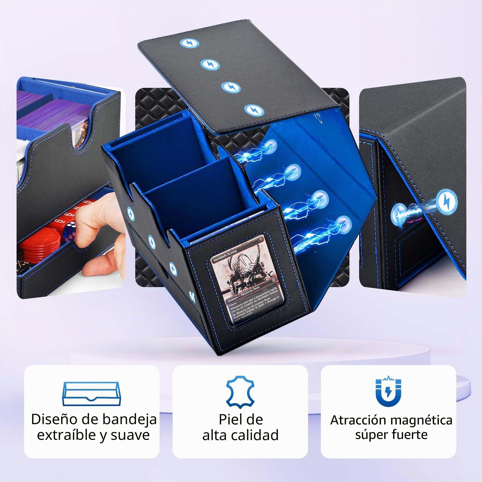 UAONO Caja de almacenamiento para MTG, caja de almacenamiento de doble bandeja con 2 soportes de exhibición de comandantes y 1 bandeja para dados, puede contener más de 200 bolsas dobles, organizador