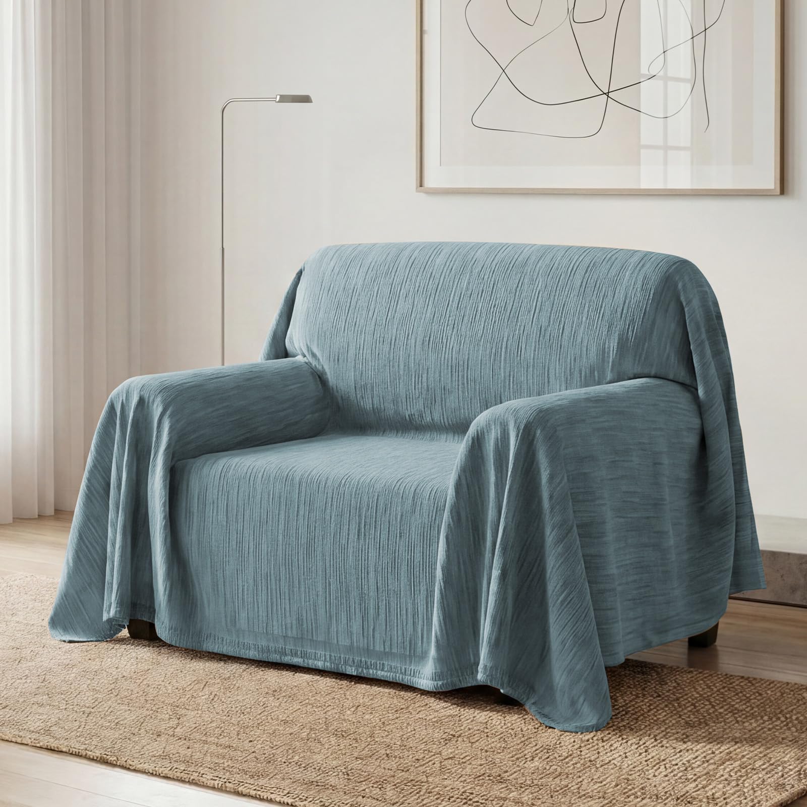BellaHills Sofa Cover 3 Seater Chenille Sofa Covers 2 Seater Armchair Covers L Shape Sofa Slipcover Non-Slip Couch Covers with Tassel Sofa Protector for Sectional Sofa, 180x230cm, Texture Stone Blue